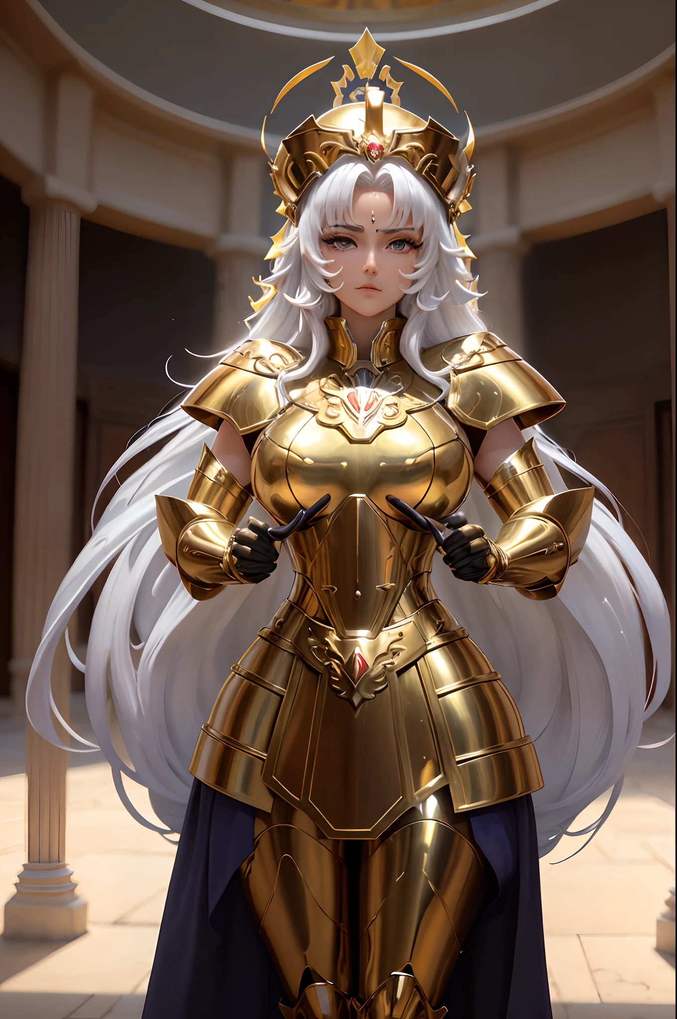 ((mejor calidad)), ((obra maestra)), (muy detallado: 1.3) 1girl, hermosa con pechos muy grandes y cola grande muslos hechizantes cuerpo completo y cola grande, (gemini armor, casco,Armadura dorada, Capa blanca exterior:1), Ojos brillantes, Gran punto culminante en los ojos, santuario, Templo griego, palacio, durante, Daylight, (esthetic), (arte hermoso), (Ultra detallado), (8k), (HDR), (foco nítido), (intrincado),Campo de batalla,