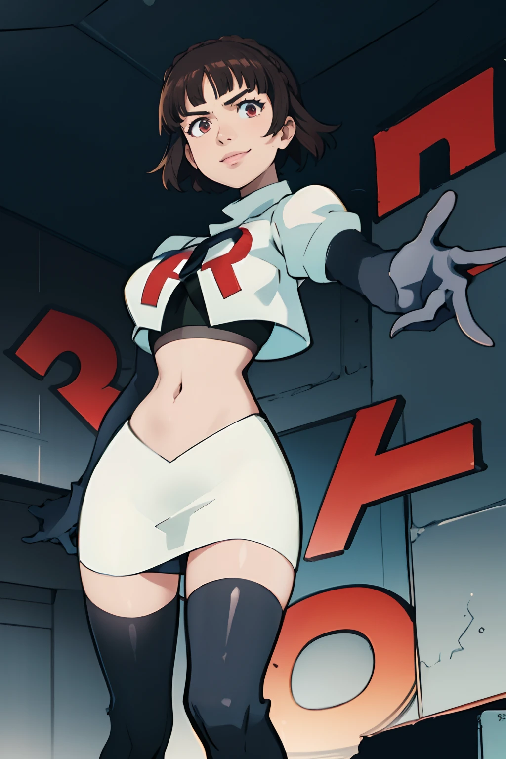 makoto nijima, blunt bangs, braid, brown hair, crown braid, team rocket uniform, red letter R, white skirt,white crop top,black thigh-highs,black elbow gloves, confident smile