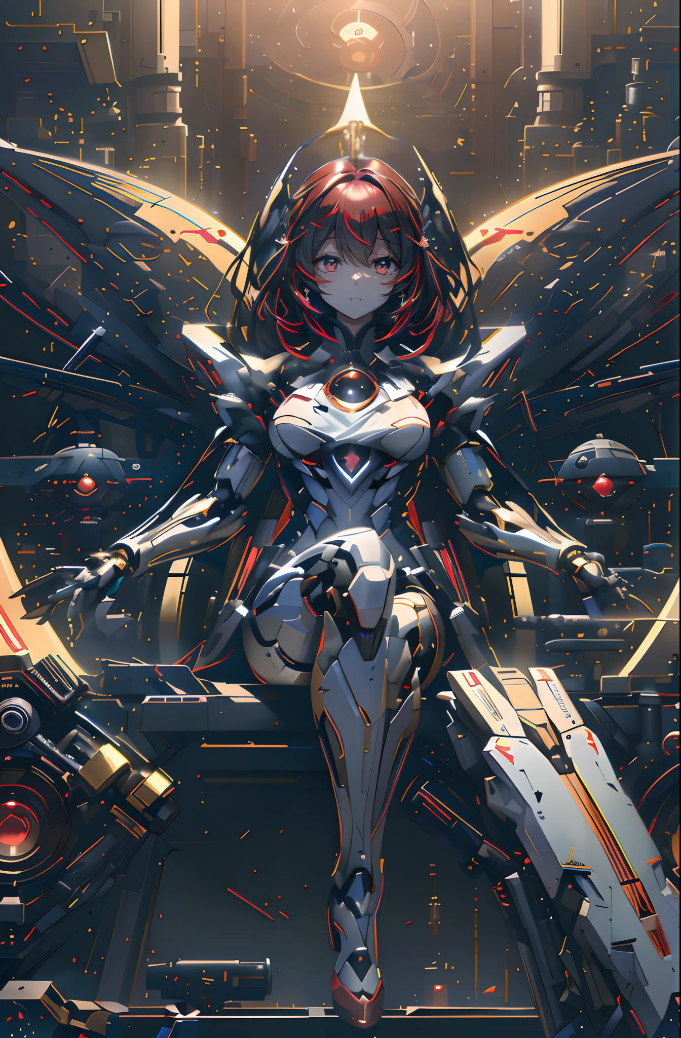 (masterpiece, top quality, best quality, official art, beautiful and aesthetic:1.3), (8k, best quality, masterpiece:1.2), (large breasts:1.2), long hair, black thighhighs, high heel, (microskirt:1.1), open clothes, garter belt, (mecha musume:1.4), (mechanical parts:1.7), tu-22 bomber,