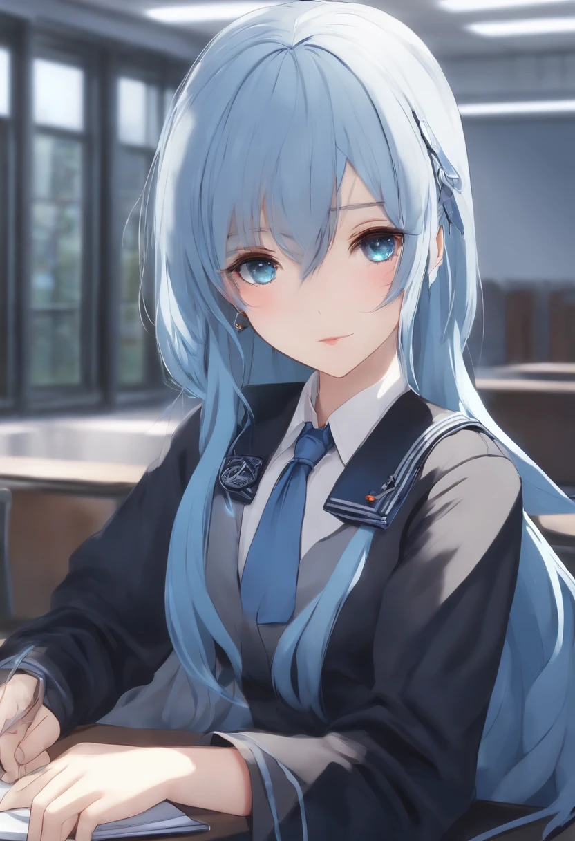 1girl in, Long light blue hair, Dark blue, Sit in class, Modern Uniforms for Black Schools, Anime