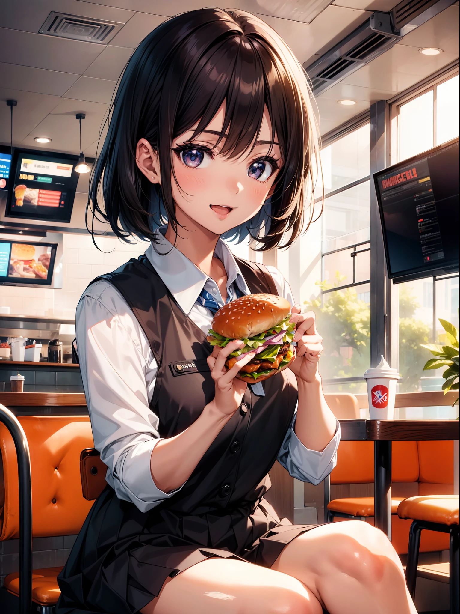 1 girl , sitting on stool , ((holding hamburger)) , character focus, close to viewer,upper body,smile, open mouth,school uniform,bob,black hair,(background fast food restaurant) ,high resolution,(incredibly absurdres), (hires.fix:1.3),anime visual,extremely detailed CG unity 8k wallpaper, ((masterpiece)), ((top-quality)), (beautiful illustration,background Tento), ((an extremely delicate and beautiful))