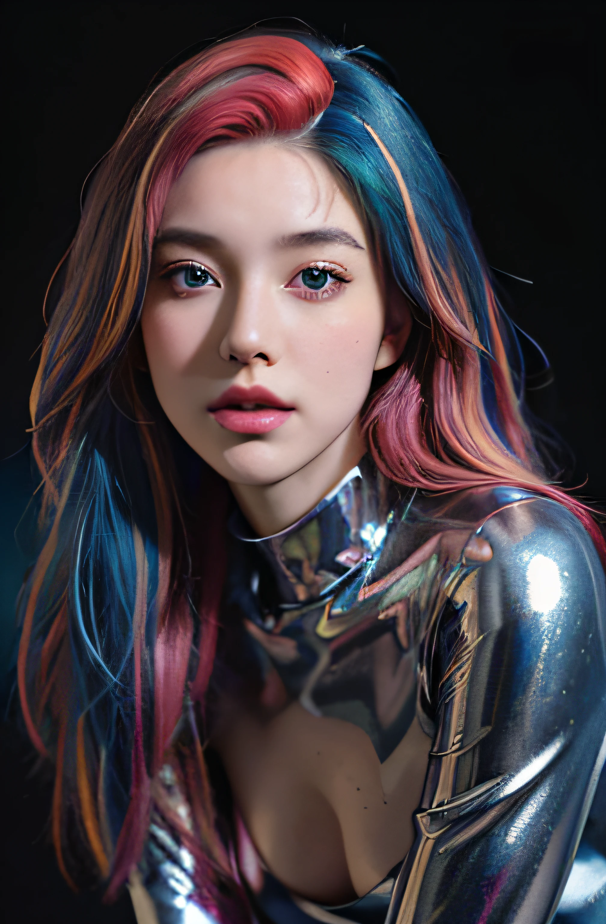 analog style, model shoot style, RAW photo ((portrait:1.8)) of a (young girl:1.5), ((colorful photo:1.5)), (long hair, multicolored hair:1.7), ((cute face: 1.7, perfect face:1.3)), looking at viewer, (shiny body:1.5, pale skin:1.5), best quality, epic (by lee jeffries and quentin tarantino photo, sony a7, 50 mm, pores:1.5, colors, hyperdetailed:1.5, film grain:1.4, hyperrealistic: 1.5), hyper-realistic lifelike texture, masterpiece, unreal engine 5, Extremely detailed CG unity 8k wallpaper, realistic eyes, UHD, HDR, DSLR, Madly detailed photo, (ecstasy of light and shadow, deep shadow), (Winner of the Pulitzer Prize for Photography and Taylor Wessing Photographic Prize), full body, shiny latex suits, wearing tight latex suits, long boots, standing,