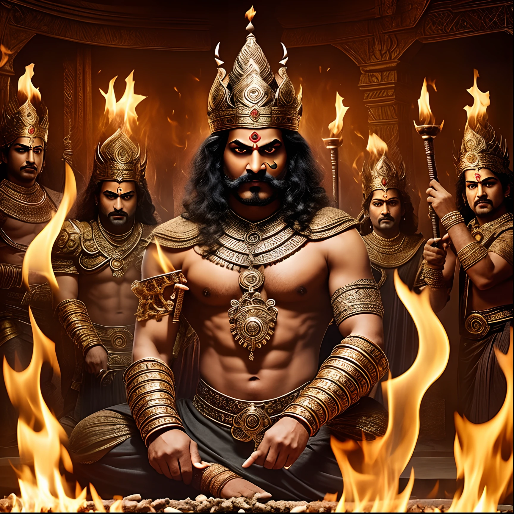 Ravan, with his ten heads, sits before a grand fire pit, surrounded by a circle of priests in a dark, sacred chamber. The flickering flames dance in the dimly lit room as Ravan begins the havan, chanting ancient Sanskrit mantras with a commanding presence. Smoke rises, and the scent of incense fills the air as the evil king seeks divine power from the fire, his eyes blazing with determination. The room is filled with an eerie, unsettling energy as Ravan's havan intensifies, casting ominous shadows on the walls. --auto --s2