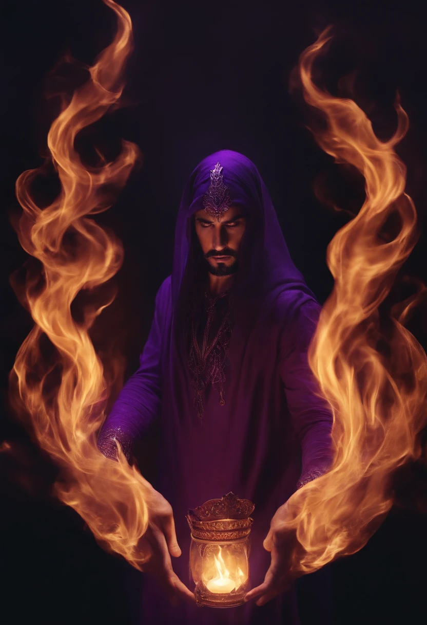mago homem, Holding purple flames in your hands, capuz cobrindo a face