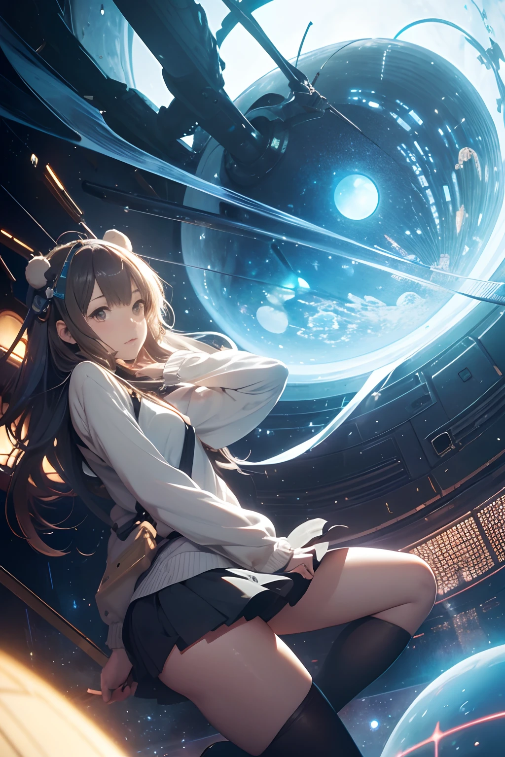 James Jean, Kate Greenaway, Surreal, mysterious, strange, fantastical, fantasy, sci-fi, Japanese anime, giant stuffed bear, going on a space trip, with a beautiful high school girl in a miniskirt, hyper detailed masterpiece, high resolution definition quality, depth of field cinematic lighting