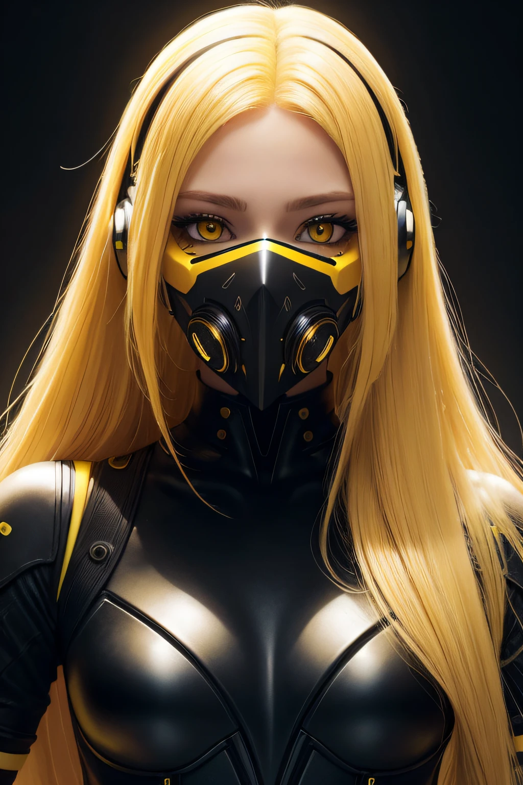 girl with long yellow hair, yellow eyes, futuristic vibes, mask on mouth, headphones, 8k, high quality, simple background, glowing eyes, nice pose