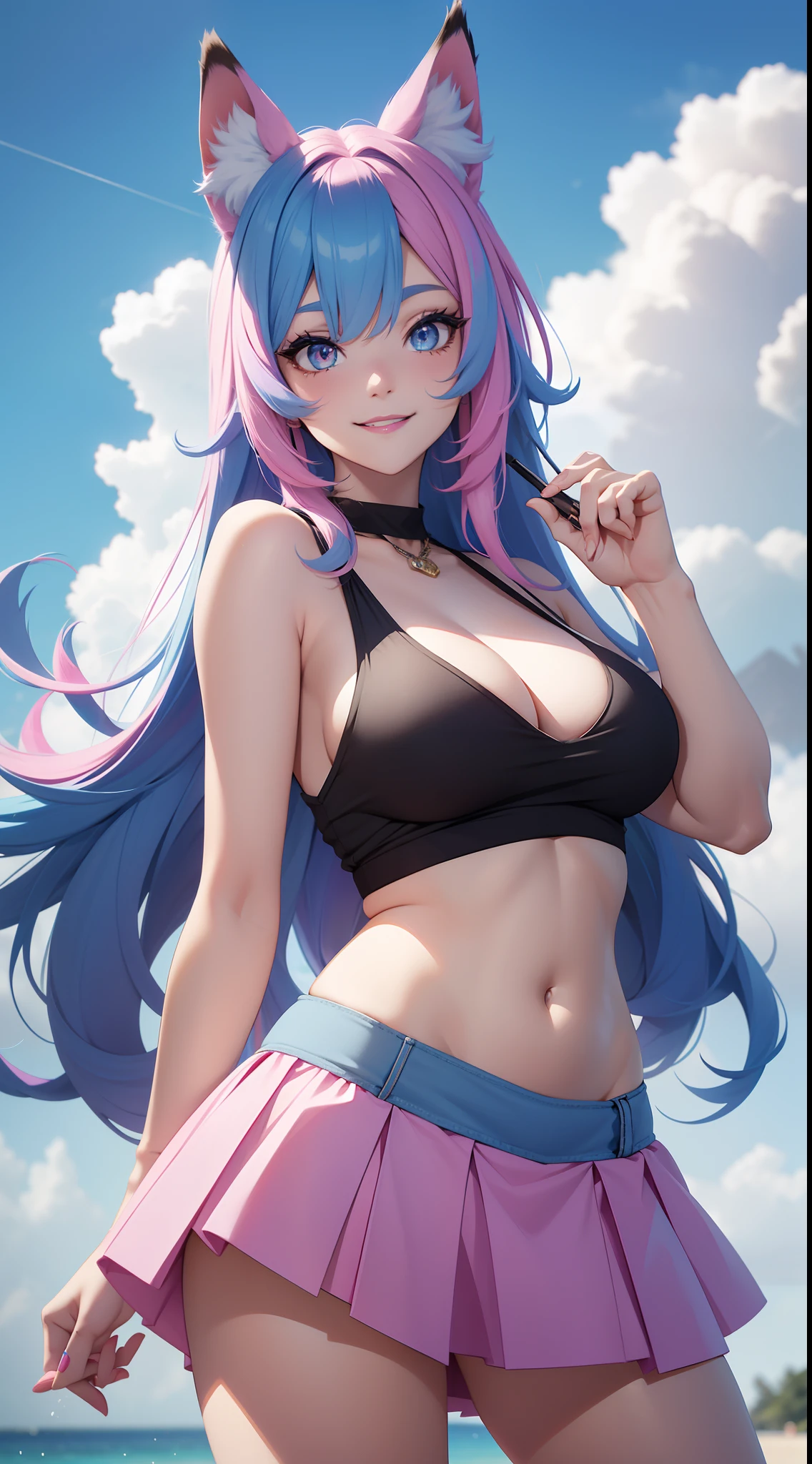 Grown-up girl, Fox ears, Fox tails, Long blue hair with pink tips, Heterochromia, The left eye is blue, Right Eye Pink, blue eye shadow, pink lipstick, black tank top, Upskirt, open belly, pop-idol, Huge-breasts, Smile, Masterpiece, hiquality, 4k, HD, Good detail
