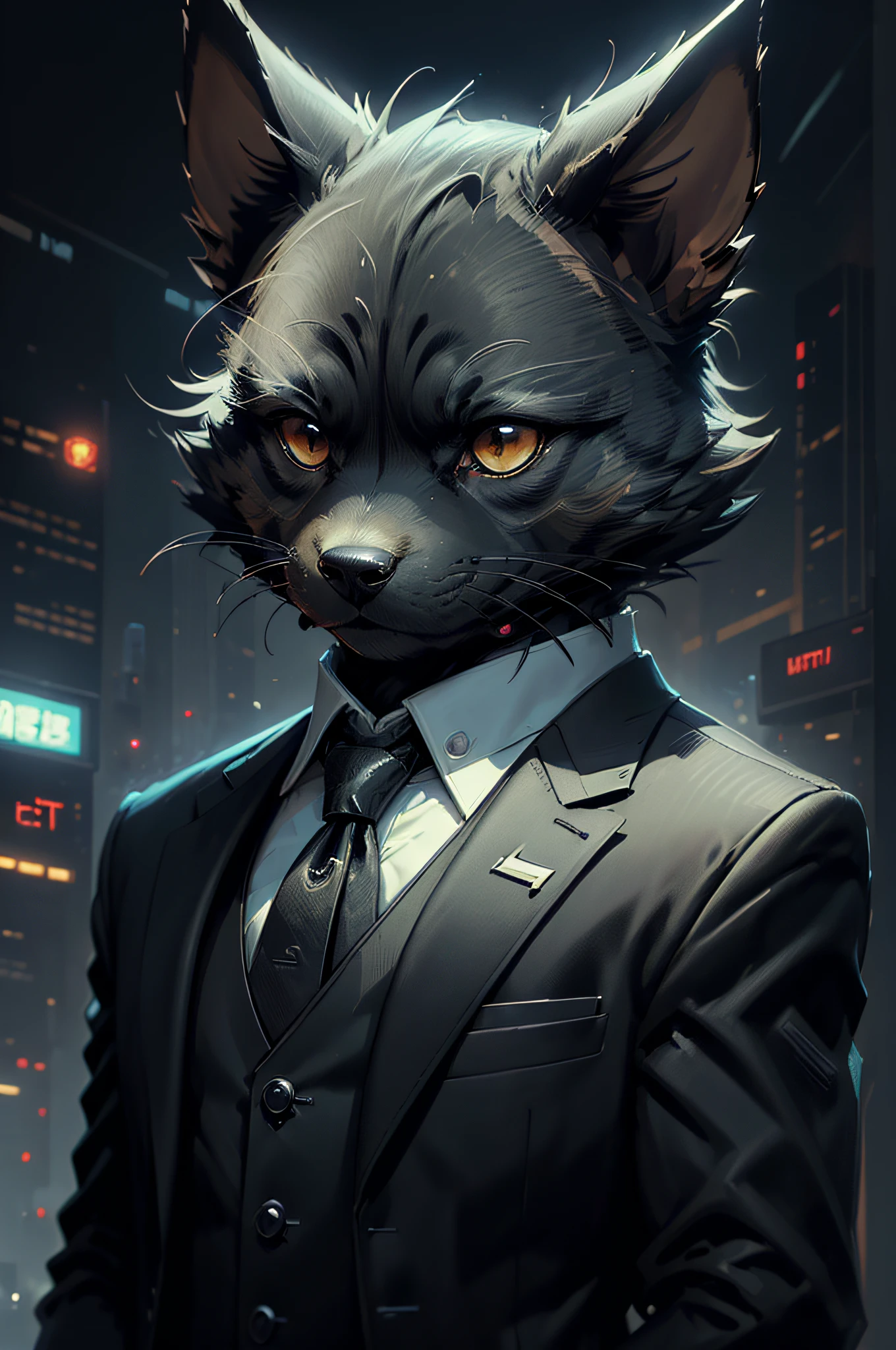 (Man in black suit and tie)comic strip、Anthropomorphic Westland Terrier Dog、cyberpunked