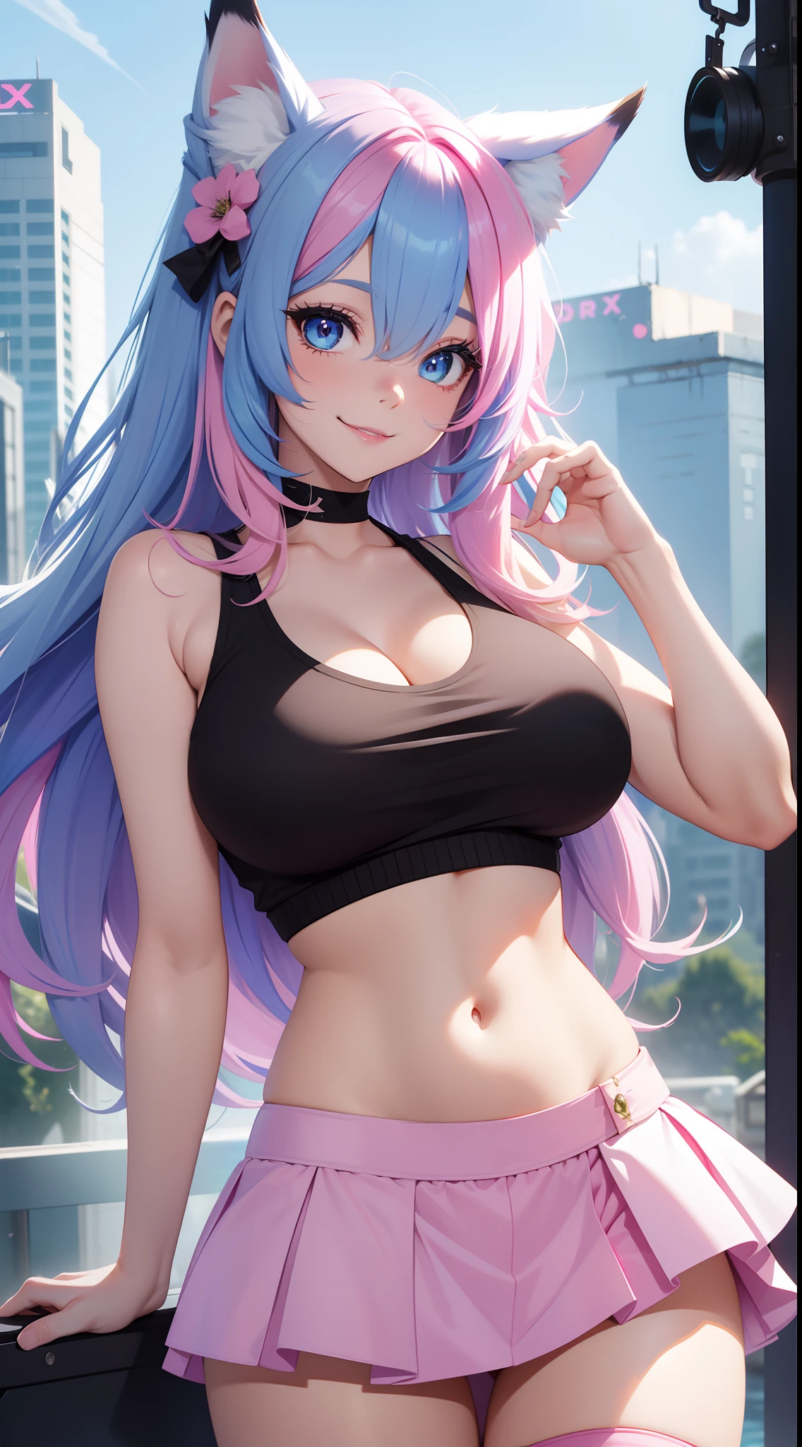 Grown-up girl, Fox ears, Fox tails, Long blue hair with pink tips, Heterochromia, The left eye is blue, Right Eye Pink, blue eye shadow, pink lipstick, black tank top, Upskirt, open belly, pop-idol, Huge-breasts, Smile, Masterpiece, hiquality, 4k, HD, Good detail