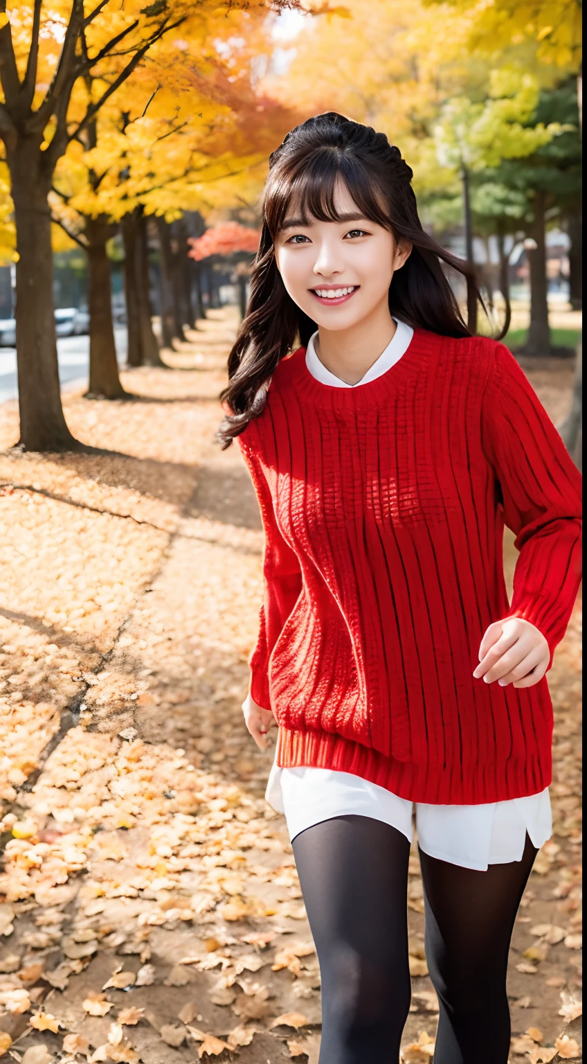 、ulzzang -6500-v1.1, (Raw photo:1.2), (Photorealistic:1.4), Beautiful detailed girl, Very detailed eyes and face, Beautiful detailed eyes, Ridiculous, Incredibly ridiculous, Huge file size, super detailed, High resolution, Very detailed, Best Quality, masutepiece, Kemomimi, ((Japan Girls Fallwear )), ((Red sweater、G-pan、JINS))Illustration, Very detailed, nffsw, unified, 8K Wallpaper, amazing, Fine details, masutepiece, Best Quality, Highly detailed ticker uniform 8K wallpaper, Light on Face, Cinematic lighting, 1girl in, 16 years old, lightsmile, Full body, Running ,((Dynamic Pose)), season for autumn、A park with beautiful autumn leaves、Autumn leaves on autumn background、The ground is filled with autumn leaves、Walking happily while kicking leaves with your feet、Leaves of autumn leaves soaring、Inside the tunnel of autumn leaves、Bright light in the morning、Sunlight in autumn、