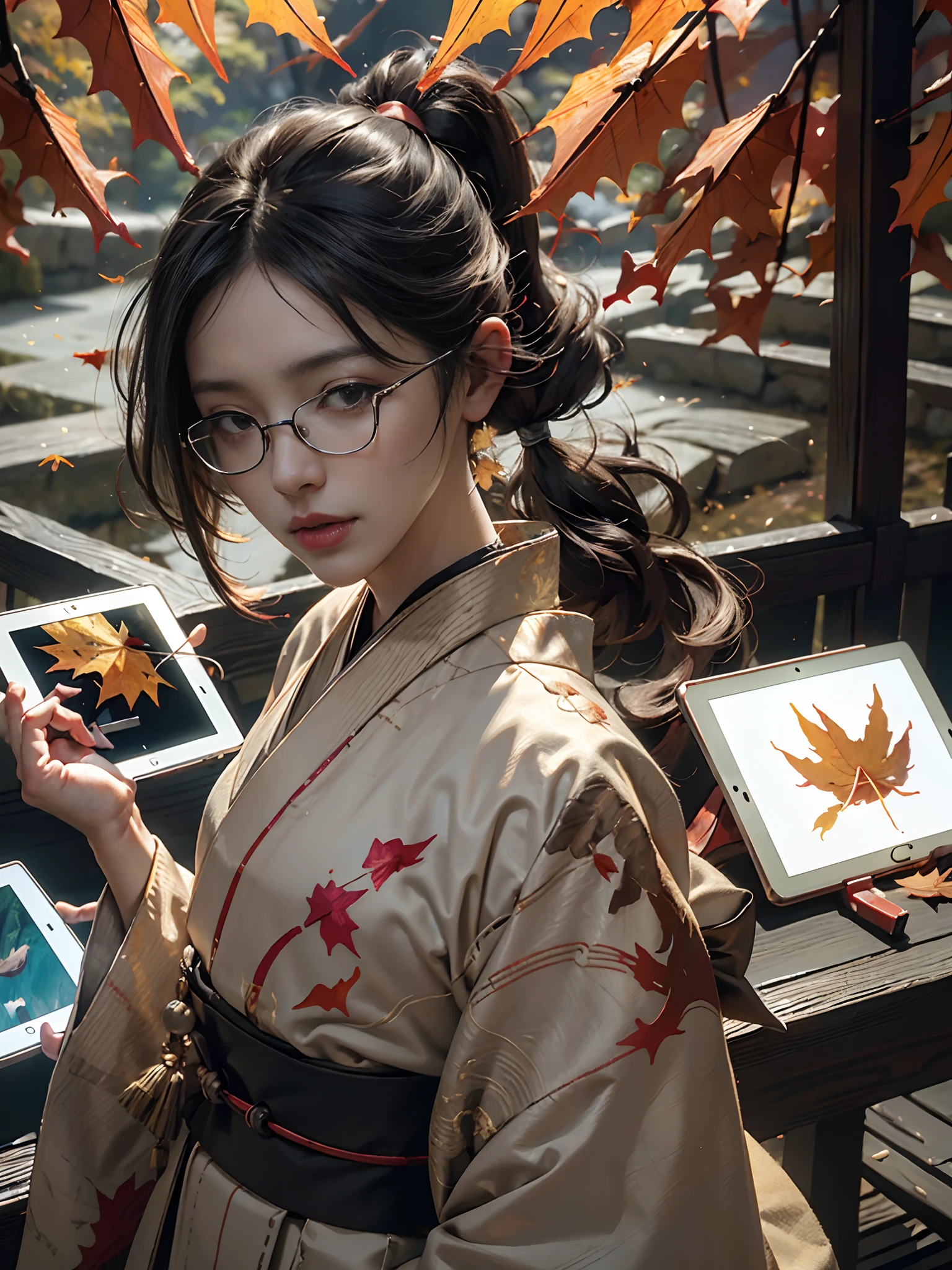 (rokoko:1.5),Background of details((the morning sun(mountainscape)),(Kyoto in Japan(Colored leaves:1.5))),BREAK ,elaborate costume(Luxury kimono(Colorful kimono(detailed embroidery()))),BREAK,(1 Beautiful and classy adult woman(Japanese actressl:1.2)(glossy dark hair(poneyTail:1.2))),(eye glass(four corners):1.2),Holding a brush,Painting(iPad:1.5),BREAK,Wallpapers 16K,Blur the background,(masutepiece:1.5),(Best Quality:1.5),(Portrait photos:1.5),From  above