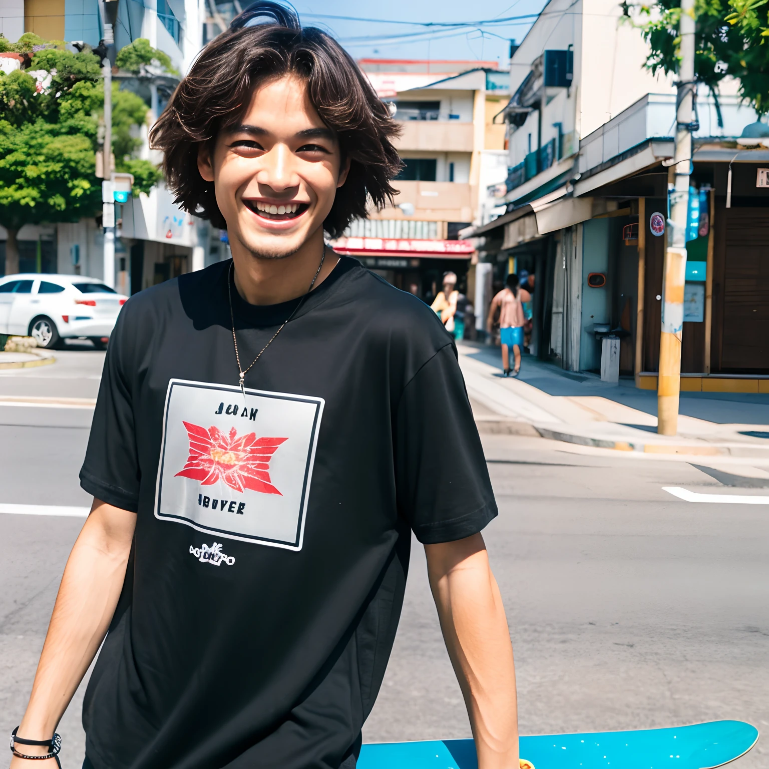 a black T-shirt skater Smiling smile Okinawa Street style