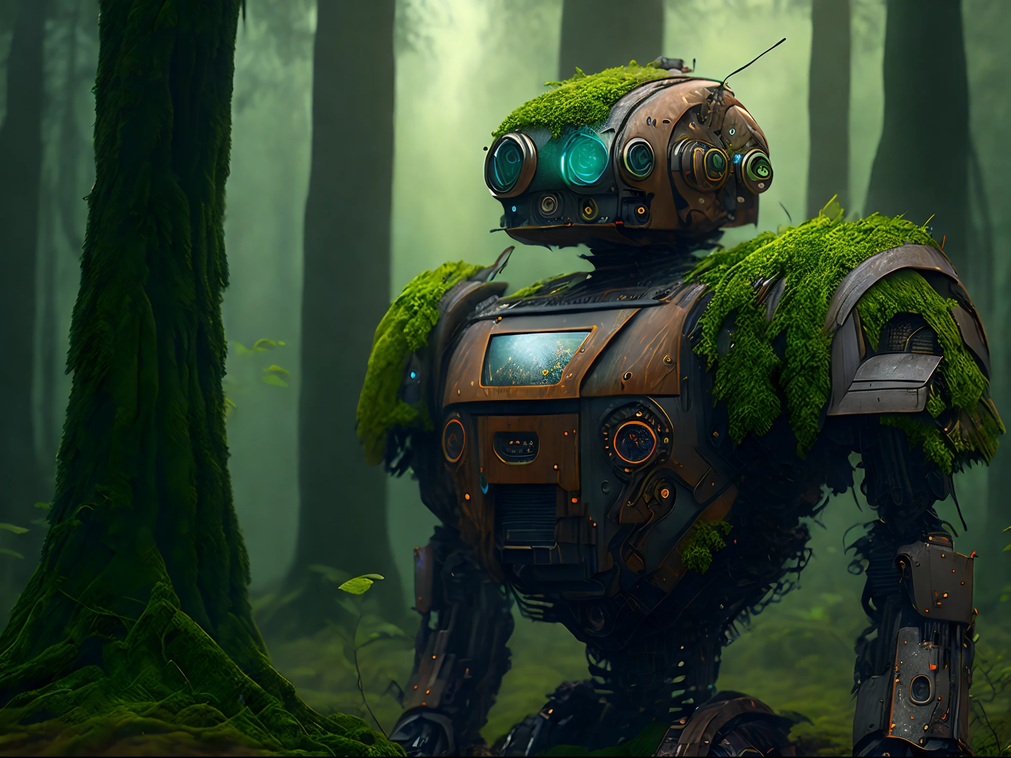 (8K, 16 K, awardwinning, of the highest quality, High Definition, Intricate details, Super Detail, Anatomically correct, masutepiece), Deep in the forest, thick mist, One broken robot leaning against a tree. The robot is broken and rusted,Stopped state, A little bird perched on a robot, sera, Overgrown with plants, (I can't see the future because of the fog: 1.4), Robots were once warriors, Traces of the battle, There is moss on the robot Growing ancient weapons