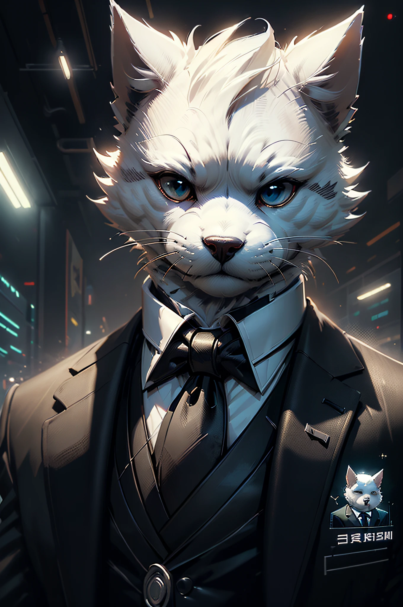 (Man in black suit and tie)comic strip、Anthropomorphic white terrier dog、cyberpunked