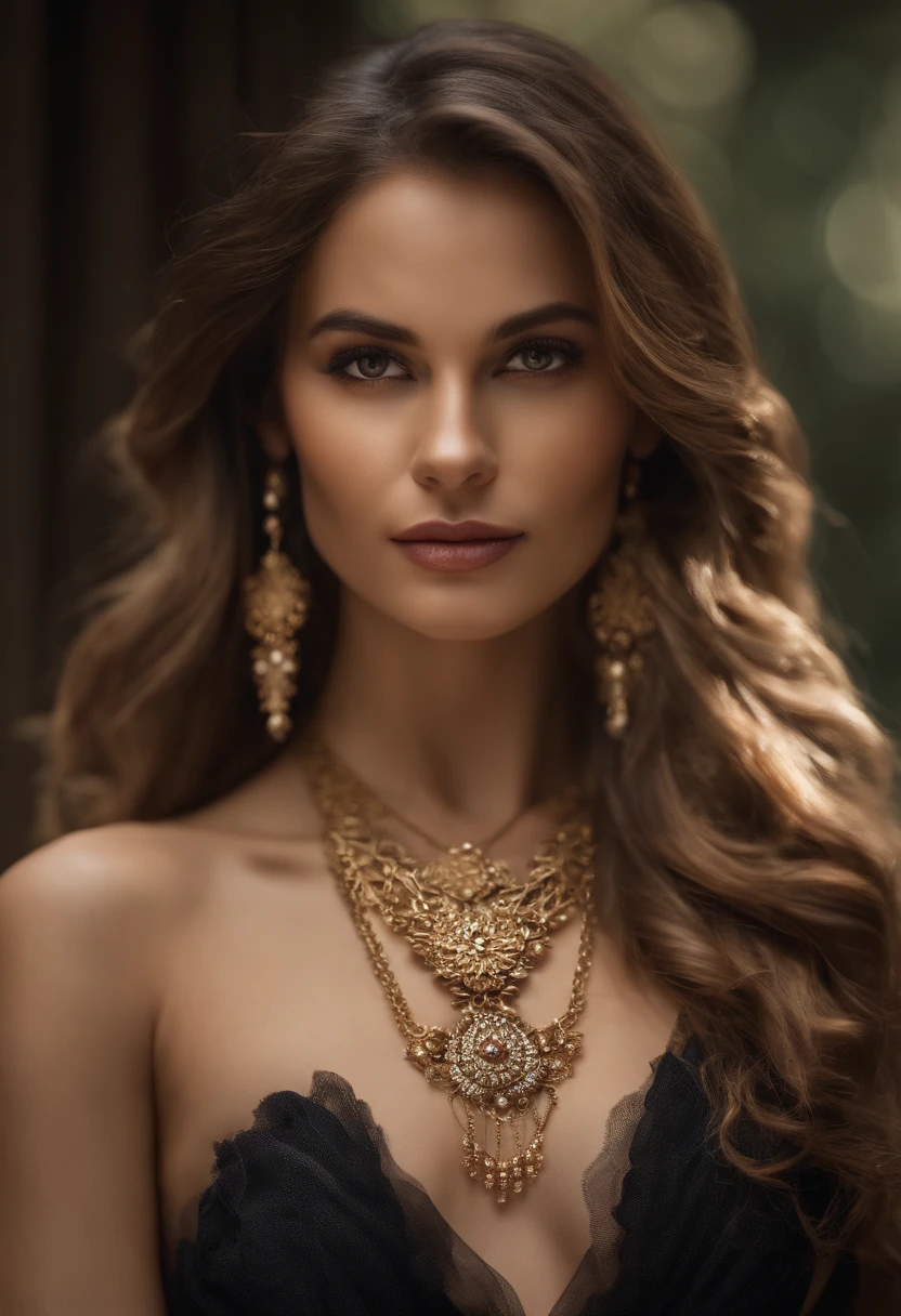 A woman in a gray dress and a gold necklace stands in the city, wearing gold jewellery, wearing elegant jewellery, Gold jewelry, wearing gold detailed choker, gold jewerly, wearing a gold chain, Gold necklace, gold jewels, high quality portrait, Wearing jewelry, Stylish, wearing gold chain, wearing several pendants, amber jewelry, necklace, jewelry photography, golden jewelery，k hd，8K，Master masterpieces，Plump and plump，（Milky dew：1.3）Detailed details of the face，Sony SLR，Close-up，Bust photo