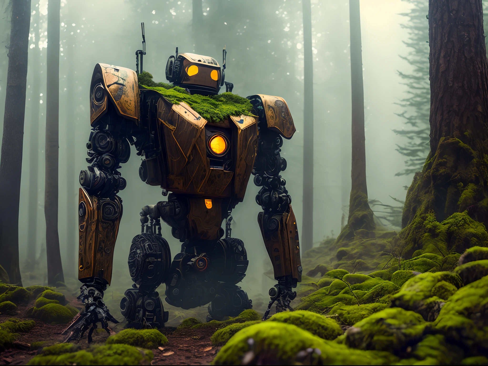 (8K, 16K, Award Winning, Top Quality, High Definition, Intricate Details, Super Detail, Anatomically Correct, Maste Piece), Deep in the forest, thick fog, one broken robot leaning against a tree. The robot is broken and rusty, a small bird perches on the robot, a will, plants are overgrown, (you can't see in front of it because of the fog: 1.4), the robot was once a warrior, traces of battle, there is moss on the robot An ancient weapon that grows