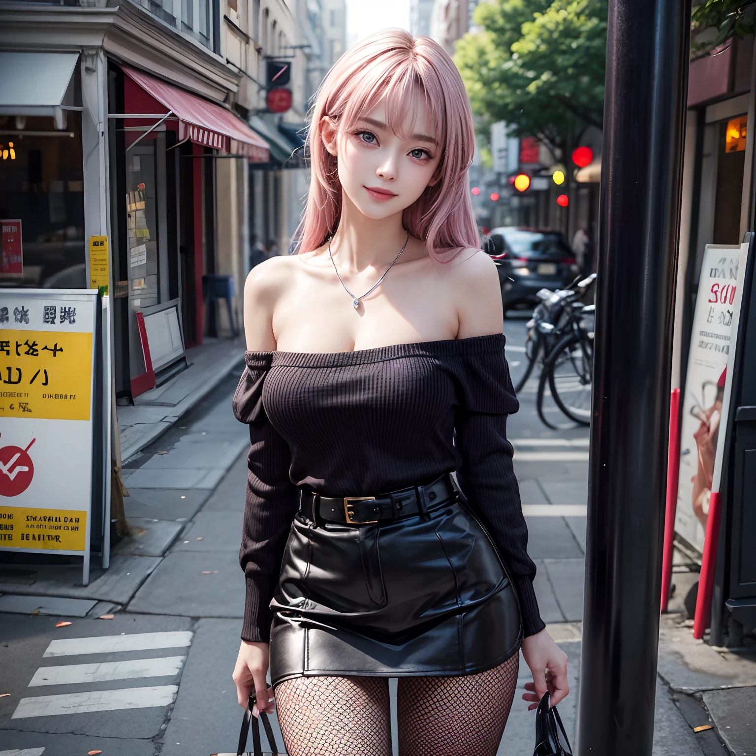 (masutepiece:1.3, Photorealsitic:1.4, 8K), top-quality, masterpiece, 超A high resolution, Perfect dynamic composition, Highly detailed skin and facial texture:1.3, A detailed eye, Detailed limbs, Spring Street Corner:1.1, 1girl in, Cute sexy 25 year old woman, Fair skin, tilt the neck, ((embarrassing smile:0.9, Furiously enchantes you:1.1)), (Wearing a shiny satin-violet off-the-shoulder sweater:1.1), Colossal tits:0.8, cleavage:0.6, ((Beautiful blue eyes, Eyes that feel beautiful eros:0.85)), a belt, Black High Waist Short Skirt, fishnet tights, (Beautiful legs, Sitting with pink panties slightly visible:0.5), Sexy face:0.4, red blush:1.1, ((A mouthfeel that feels beautiful eros:0.85)), ((Too erotic:0.9)), Silver Necklace