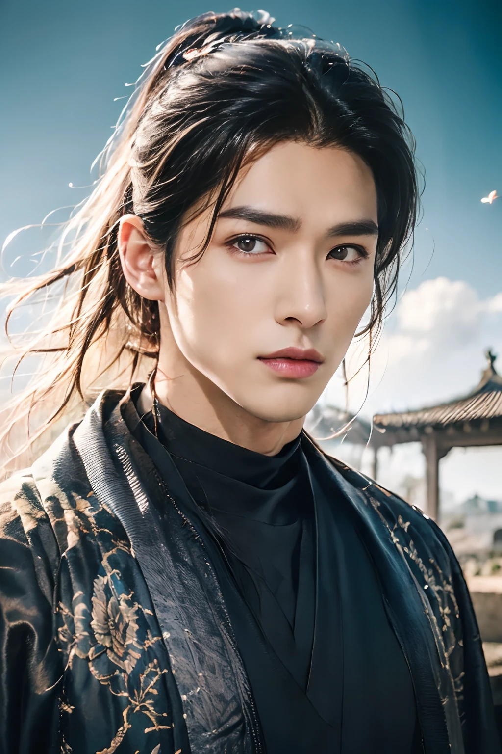 A 21-year-old Asian man，Thick eyebrows，Melon seed face，Handsome face，Men's full body ，A transparent streamer is tied to the body and flutters in the wind，The background is an ancient Chinese town，Time is night。Deep blue sky，A full moon，Lots of black lanterns，Pavilions and arch bridges，His skin is fair，He is slender,  The limbs have pronounced muscle lines，high-definition photography，Real-world scenarios，Lots of detail, wearing black long coat, black long pants, black turtleneck shirt, lightning, magic, messy long hair, looking at viewer, devilish gaze at viewer