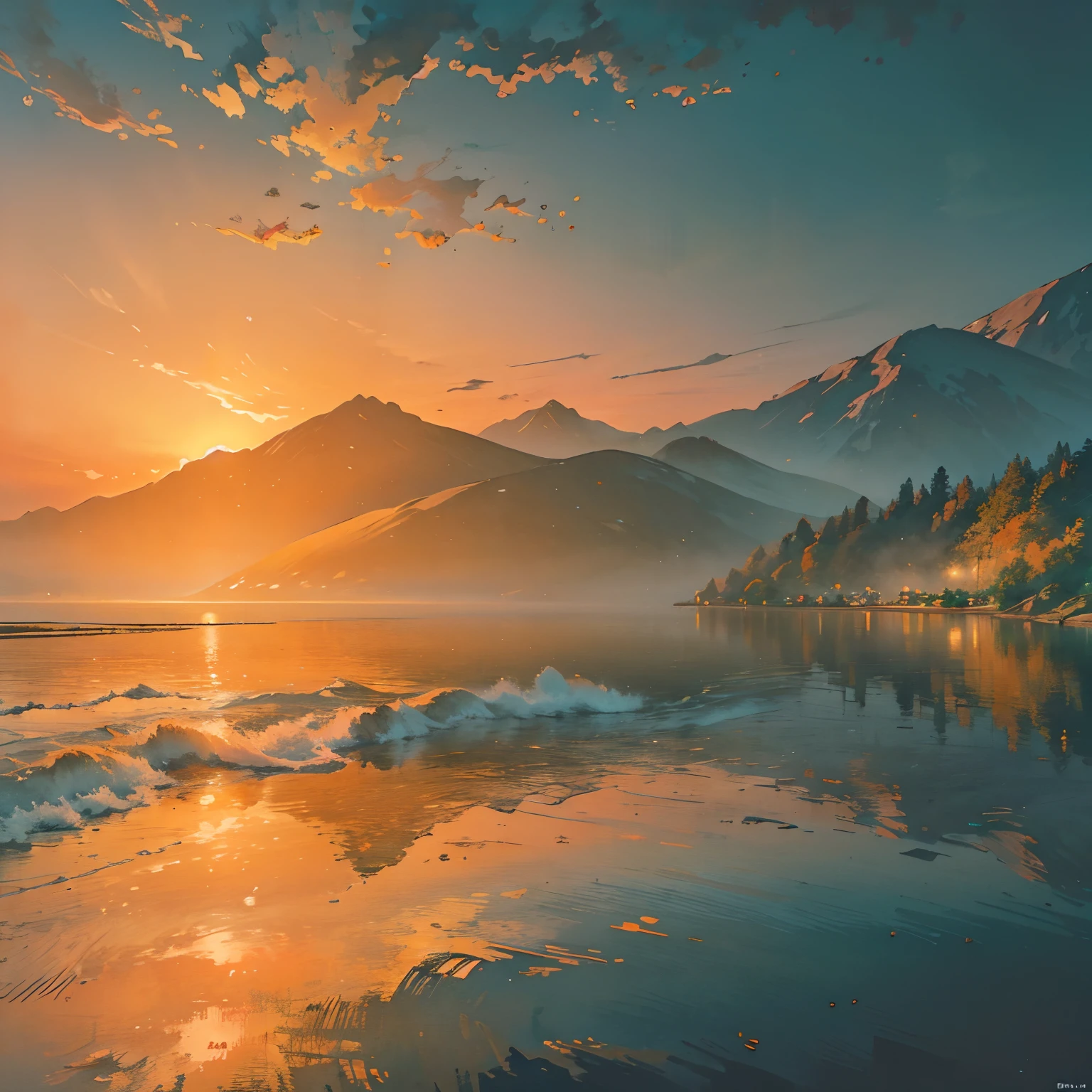 ultra-detailed,realistic,beautiful sunset over the river and sea,peaceful scenery,breathtaking view,natural elements, tranquil atmosphere,golden glowing sky,colorful reflection on the water,serene and calm,gentle waves,lush greenery, silhouettes of distant mountains,soft breeze,hint of romance,majestic horizon,harmonious blend of colors,whispers of the ocean,serenity in nature,subtle shades of orange and pink,sparkling sunlight dancing on the waves,endless horizon,awe-inspiring beauty,warmth and tranquility,hint of tranquility and serenity,serene coastal landscape merging with the river,harmony of land and sea,natural wonders,serene sky with a blend of warm hues,stunning picturesque view,