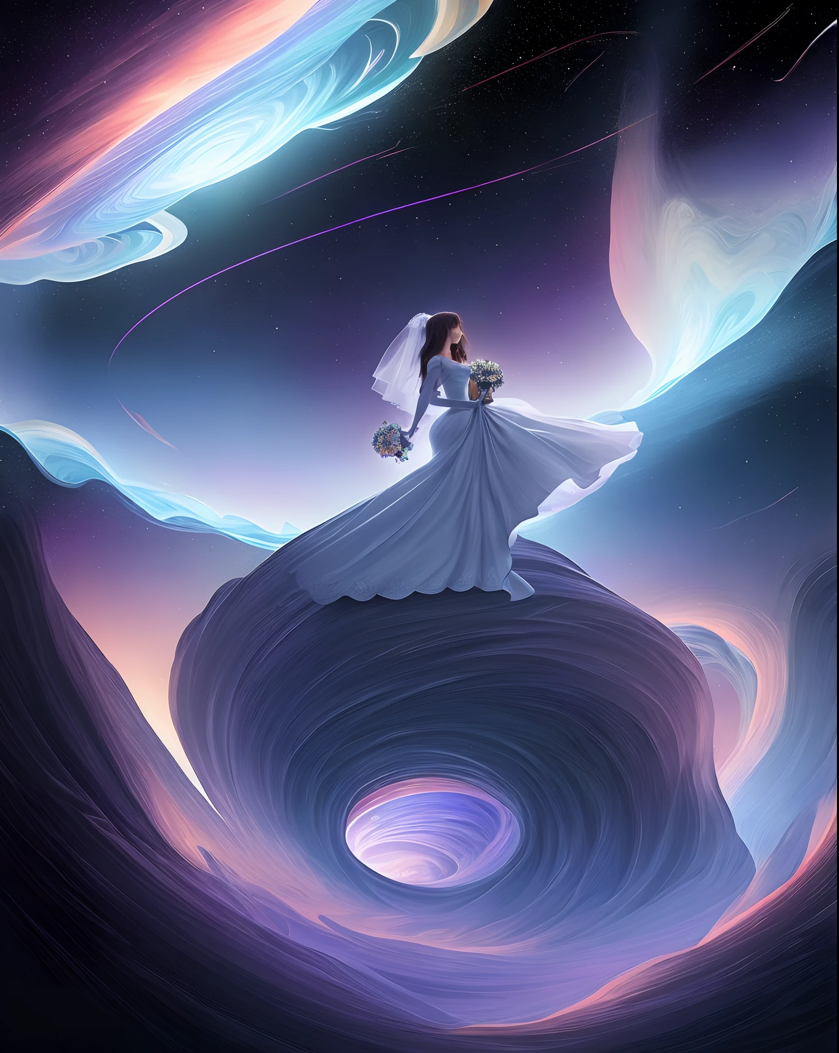 Background: Create a futuristic, digital landscape with a blend of dark blues and purples, resembling a starry night sky filled with constellations.
	2.	Central Image: Instead of a traditional bride silhouette, use a holographic, abstract figure rising up from the center. This figure represents the bride in a more ethereal and otherworldly form, symbolizing the fusion of technology and spirituality.