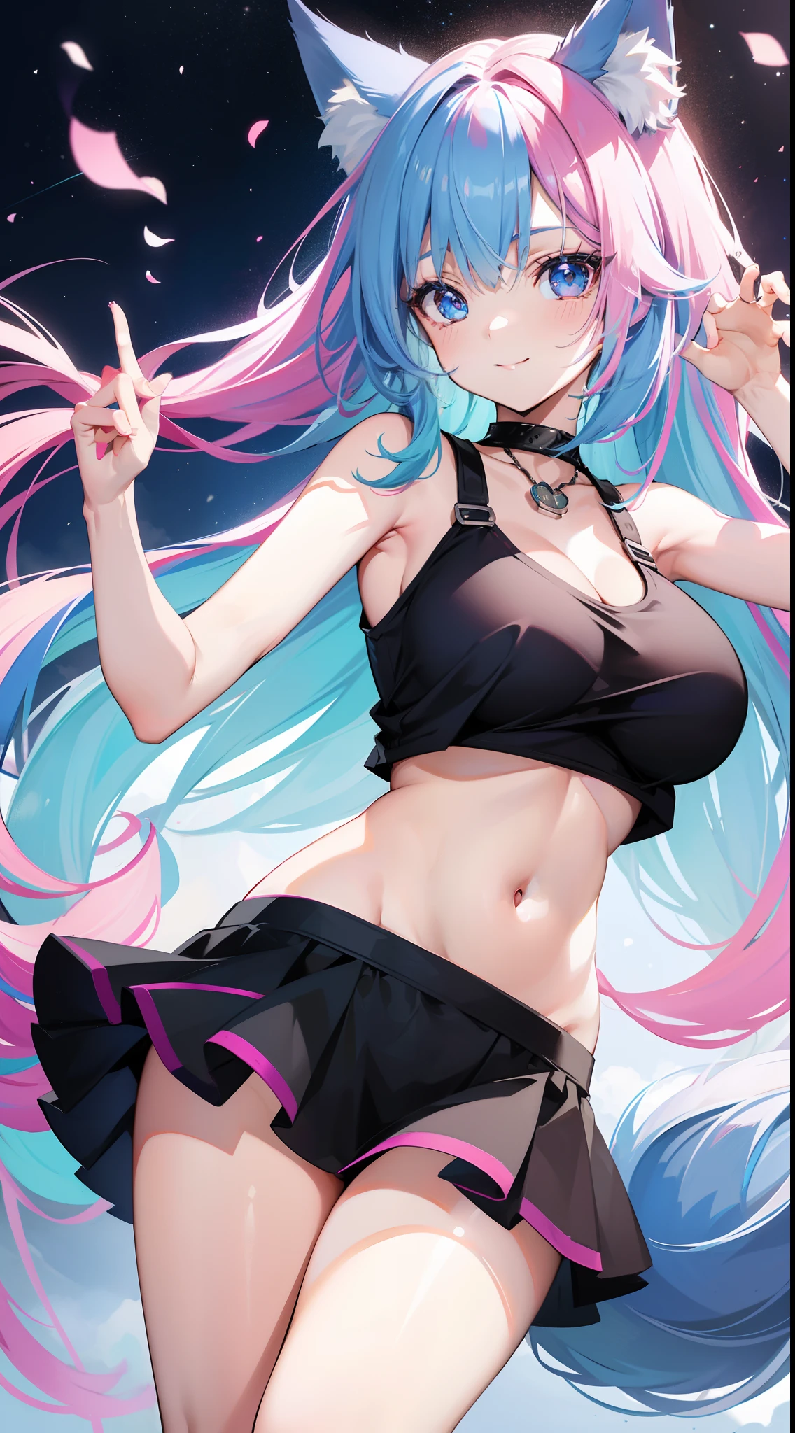 Grown-up girl, Fox ears, Fox tails, Long blue hair with pink tips, Heterochromia, The left eye is blue, Right Eye Pink, blue eye shadow, pink lipstick, black tank top, Upskirt, open belly, pop-idol, Huge-breasts, Smile, Masterpiece, hiquality, 4k, HD, Good detail