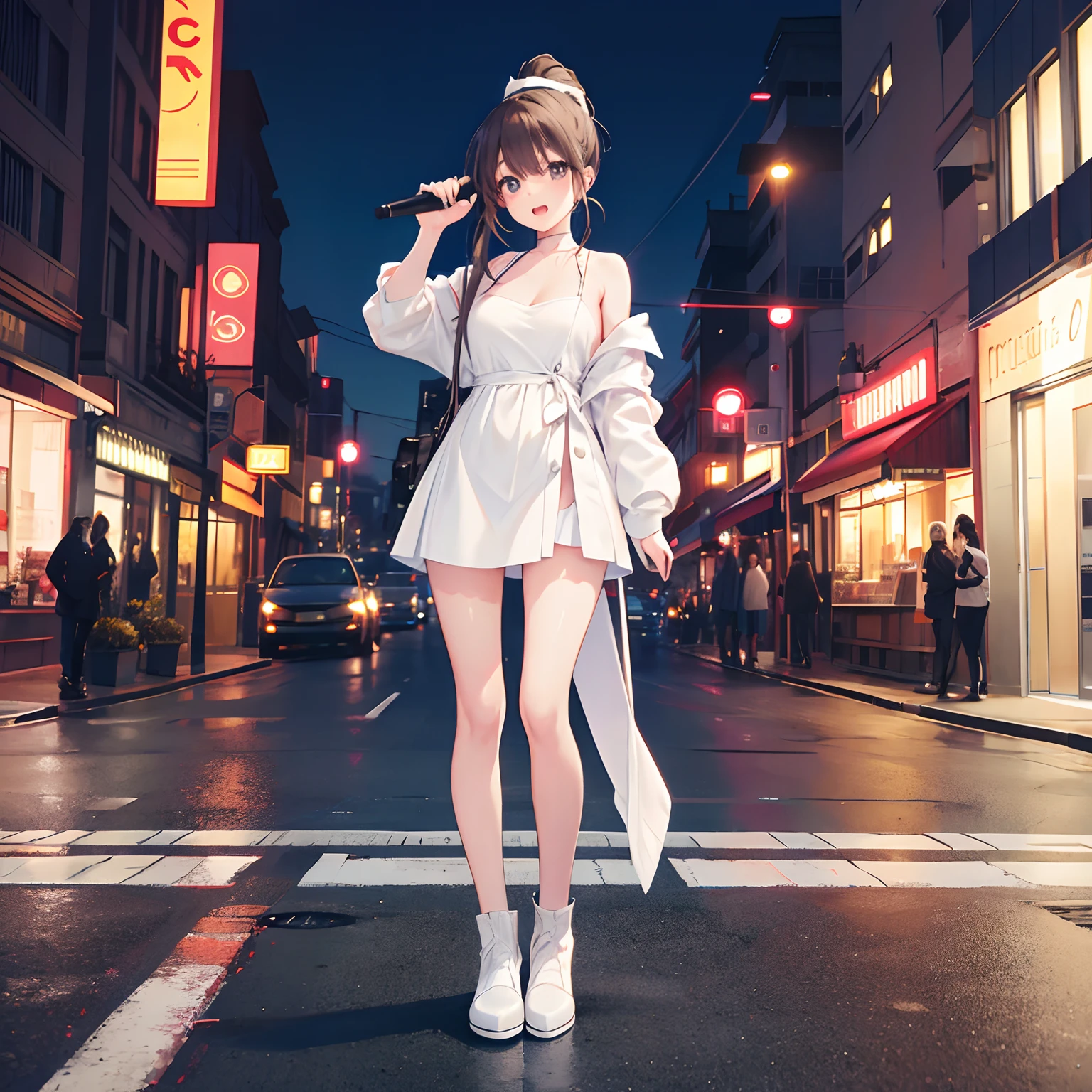 Front photography full body standing on the side of the street, full body microphone in hand, singing, high ponytail, white slip short dress, white booties