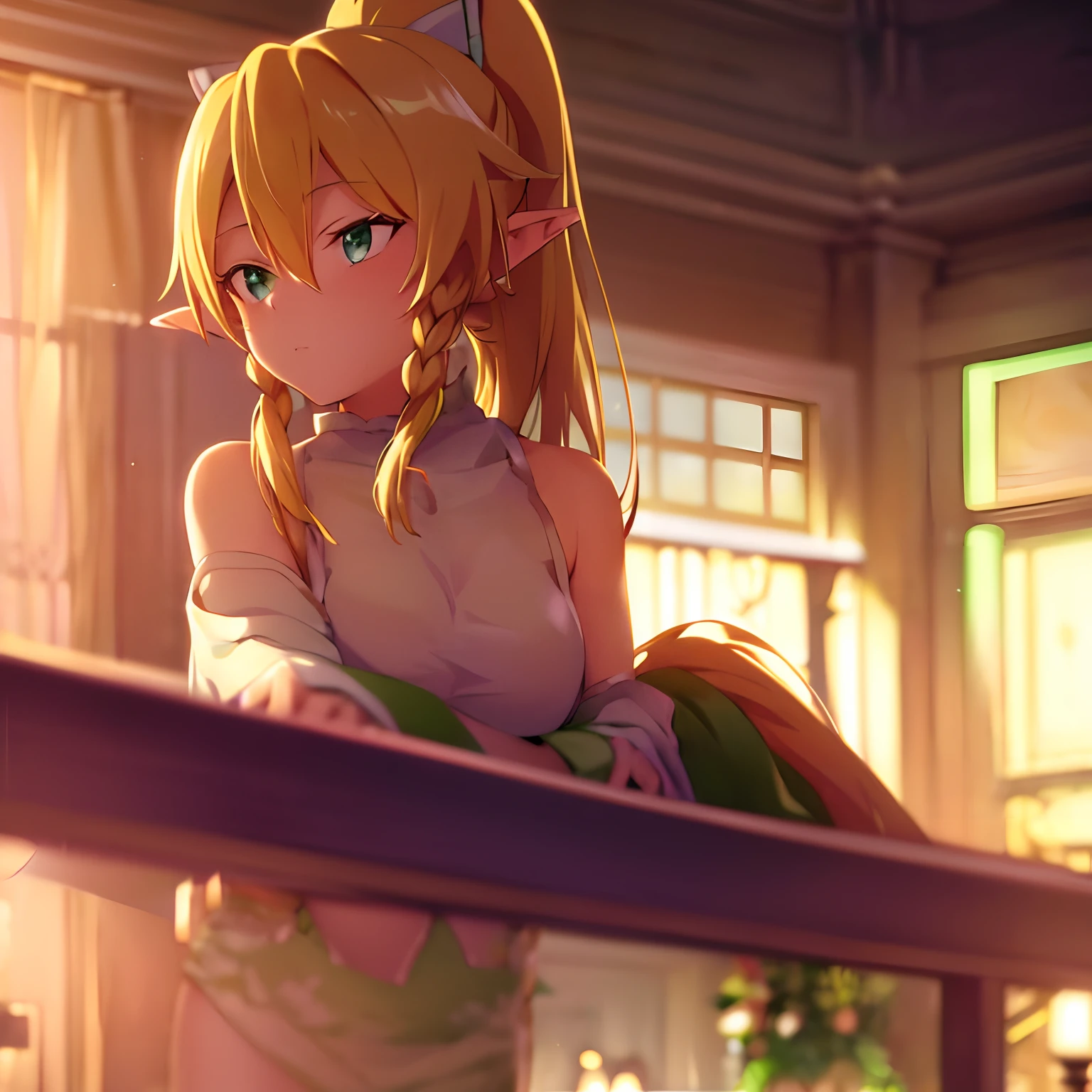 ((blonde girl), ((ponytail hair)), (Elf's ears), 1girl, (Green eyes),leafa, soft purple light, a room, neon posters, blur soft light,