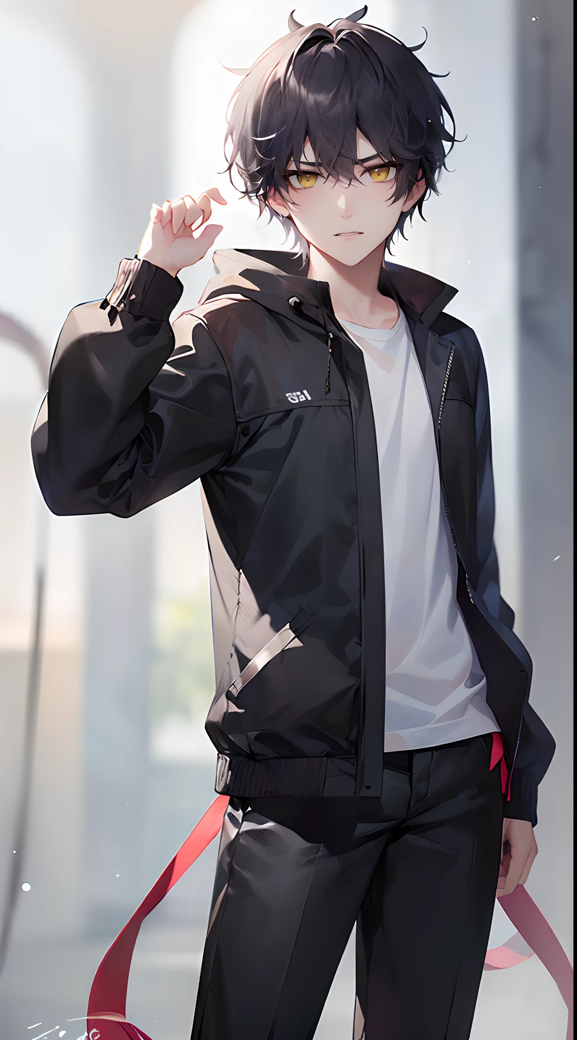 (4K works))、masterpiece、(top-quality)、In front of the wall、Korean Male、Adult male、((Adult 26 years old))、((Face similar to Hyun Jin))、Cool Men、tall、((Glaring expression))、((Sleepy face))、((Strong eyes))、((Wearing a white T-shirt and a black hooded jacket、Wearing long black pants))、((Wear a black mask))、((smaller face))、Slim body、((How to stand selling fights))、((Cheeky way of standing))、((hooligan))、((Black short-haired))、((Yellow eyes))、((shot from front))、((Looking down on the viewer))、((rearing))、Dull-looking pose、((Shot alone))、((Solo Photography))