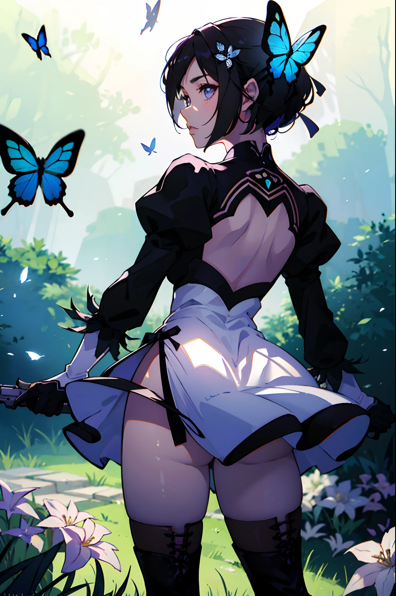 Octane Render、(Hyper-detailing: 1.15)、cinematic lightening、Taken from behind、Cute Fantasy Princess、Handgun shooting practice、Fine Pattern Pistol,long boots、ultradetailed eyes、Full Paint、(Floral hair ornament、butterfly hair ornament)、masutepiece、Anatomically correct、blur、depth of fields