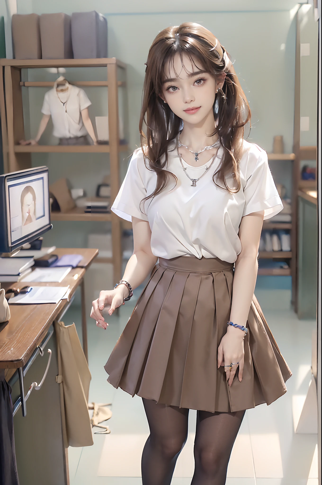 ((top-quality、8K、masterpiece:1.3))、(((1girl in)):1.3),((anatomy correct):1.45)、(Full body:1.5)、foco nítido:1.2、(realisitic、Photorealsitic:1.37)、((beautiful smiling face))、Gaze towards the viewer、Beautiful Face Woman、32years old、pointed chest、long eyeslashes、Colorcon、Big 、delicated、Very detailed eyes、Highly detailed eyebrows、(Sharp Eyebrows)、(Thin eyebrows)、very vey very detailed face、((Brunette short disheveled hair)),((Brown pantyhose))、Detailed background(8K、masterpiece、top-quality、Raw foto) 、(School Uniforms:1.3), (clothes around waist:1.5), (Knot at the waist:1.3), (white collared shirts:1.4), ((White collar, Unbutton, Short sleeve):1.2), (pleatedskirt:1.3), ((Necklace, Colorful bracelets):1.2),Classroom Background