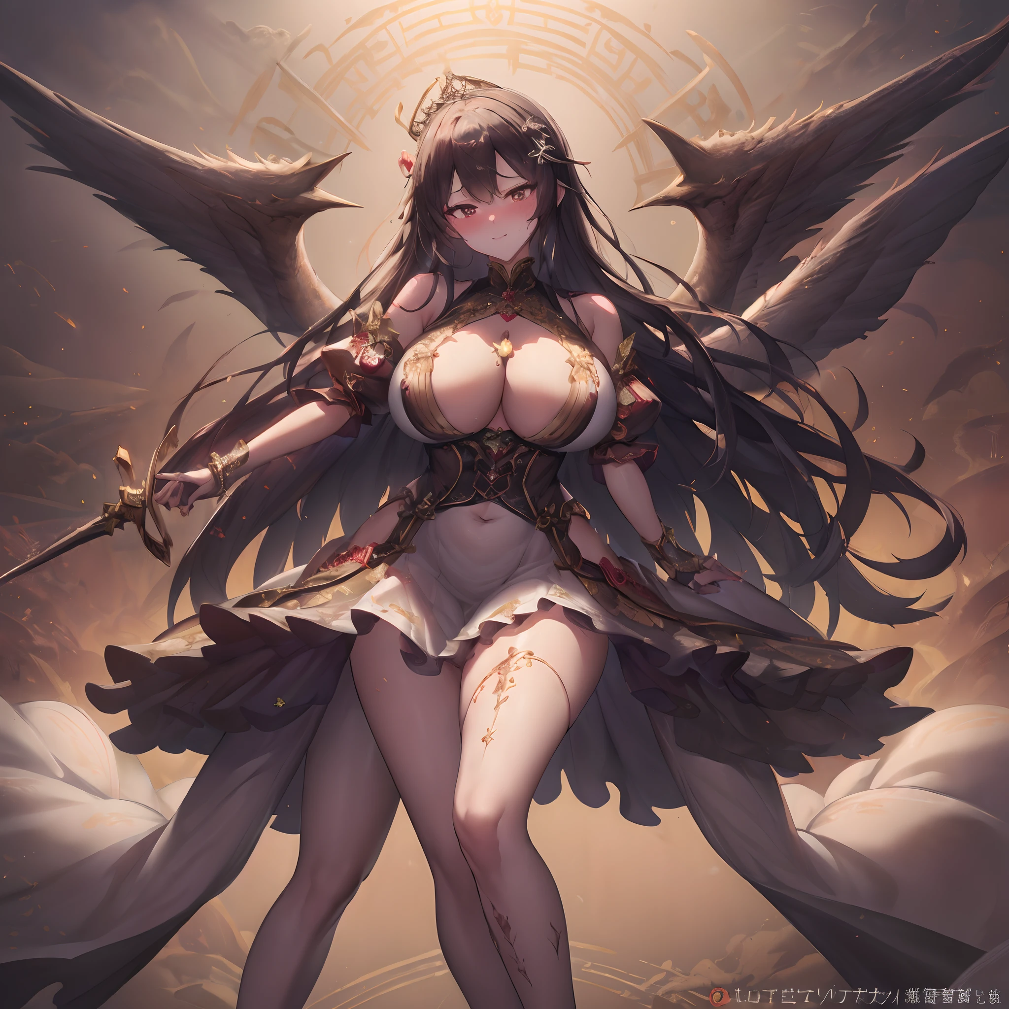 ((Anime Art Style)),(masutepiece),(Best Quality), (Super Detail),((Very delicate and beautiful)),Focus on character,Dynamic Angle,Looking at Viewer,((Solo)),Standing,(((Full body))),((one evil and cute princess in gorgeous ball gown with voluminous skirt)),Detailed face and eyes,(nefarious smirk),Eyes Like Gems,((Very Long voluminous Hair)),gorgeous embroidery and lace,See-through,ornate ruffles,Gorgeous jewelry ornaments,luxury hair ornament,luxury and evil tiara with jewels,(huge-breasted,Long breasts),Full body,((evil and dark atmosphere)),Full body,(((gorgeous ballgown with voluminous skirt)))(masterpiece、top-quality、top-quality、Official art、Beautifully Aesthetic:1.2)、(One girl:1.3)、A highly detailed、(Fractal Art:1.1)、(colourfull:1.1)(florals:1.3)、The most detailed、(Zentangle:1.2)、(Dynamic Poses)、(Abstract background:1.3)、(shinny skin)、(Many colors:1.4)、、(耳环:1.4)、(pluma:1.4)1((Young aristocratic maid woman)((Black ruffled maid outfit with luxurious embroidery))((Heavy drool))((Very angry look))((red blush))((Painful and troubled face))((The face of suffering and perseverance))((Heavy sweat on the face,)((Heavy sweat spreading all over the body)))Girl with a troubled face、nightcity、Sateen、Kimono without sleeves、A dark-haired、Holding a weapon with blood on it、Looking at the camera、Cherry blossoms are dancing,Unusually resistant、red blush、shrine maiden、valkyrie、Angel wings、a navel、sideboob barbosa、with an intricate、Particles of light、thighs thighs thighs thighs、shinny skin、Perfect litthing、1girl in、looking at the viewers、Winged headgear、pelvis curtain、A smile、(masterpiece)、(top-quality)、tiny chest、Porcelain Skin、Very long hair、hair wavy、Royal sister,femele,A queen,putting on a crown,There are a lot of golden lightning around,sitting in a throne,Bangs cover the eyes,Black Suspender Socks,Black Lace Top,,High jump,Grab Erlang's leg,,Black Silk Top,domineering,smil,The corners of the mouth are raised,Red and gold eyes,Black silk erotic underwear,Black top,Black Silk