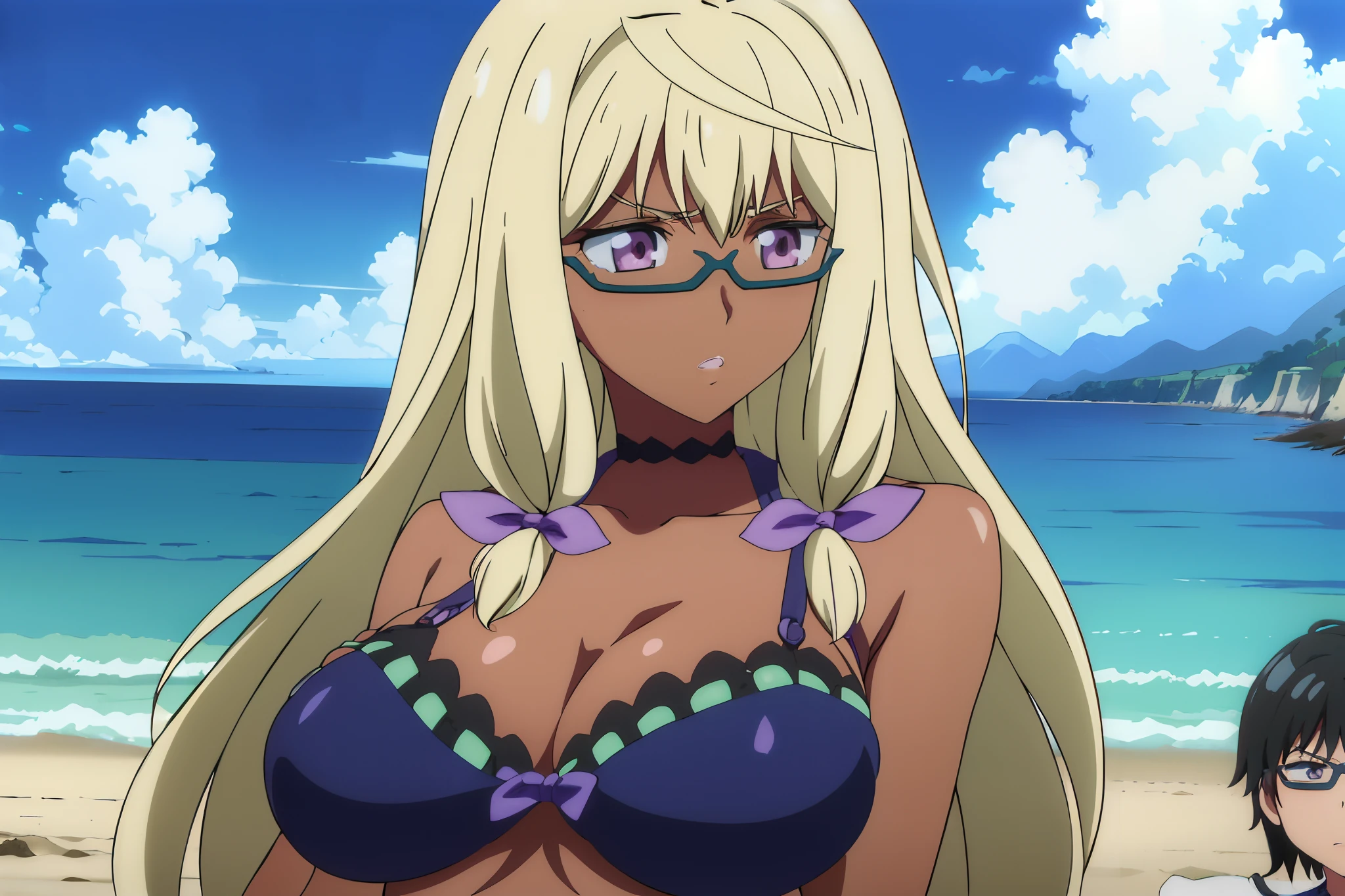 ((Best Quality, High resolution))、Anime cel drawing style, Manga style,(D5,Dark skin,Long Blonde Hair,Twin side locks with purple ribbon,Black lace choker,Hair bangs,Glasses,Huge breasts:1.1),(Beach,bikini of:1.3),Arms up,