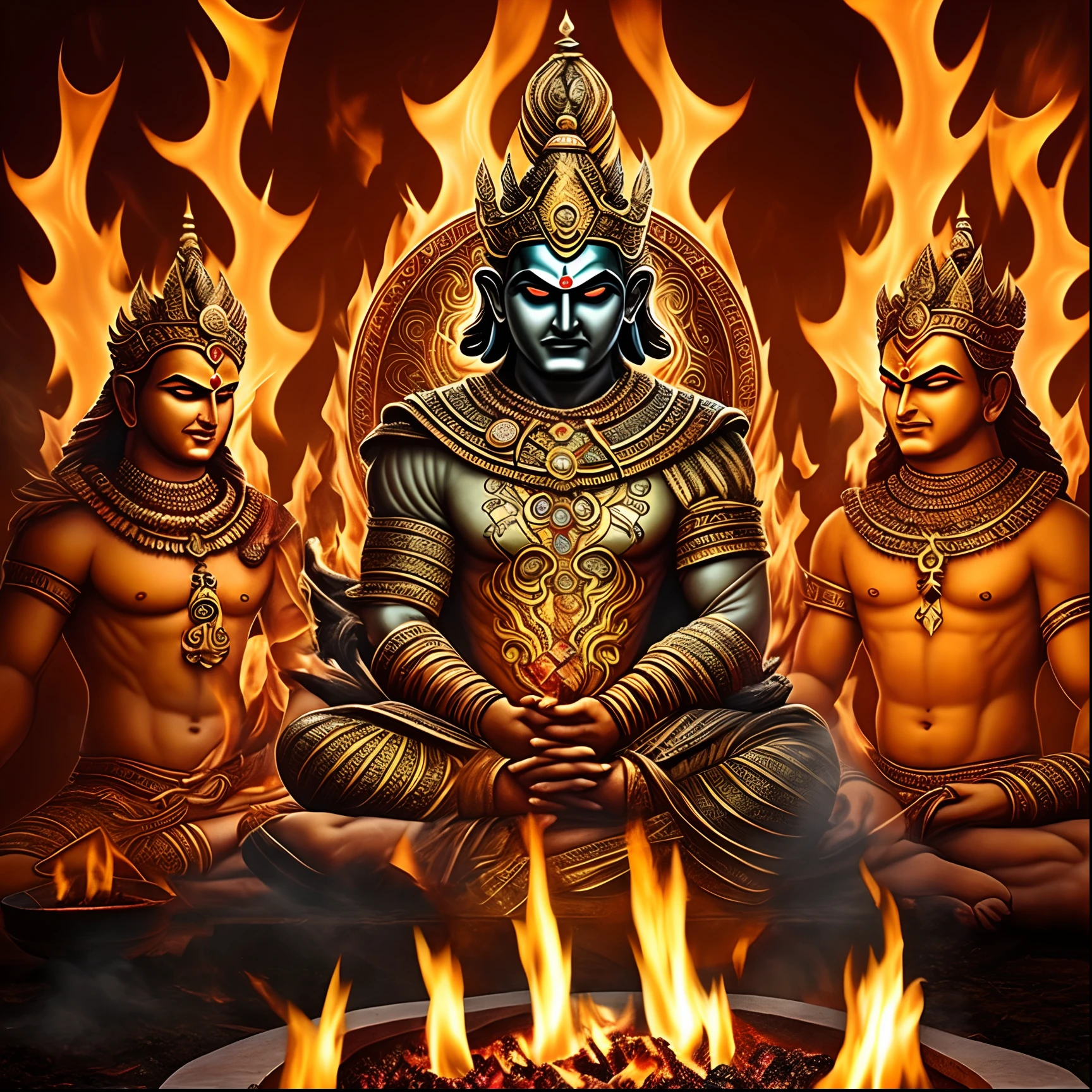 Ravan, with his ten heads, sits before a grand fire pit, surrounded by a circle of priests in a dark, sacred chamber. The flickering flames dance in the dimly lit room as Ravan begins the havan, chanting ancient Sanskrit mantras with a commanding presence. Smoke rises, and the scent of incense fills the air as the evil king seeks divine power from the fire, his eyes blazing with determination. The room is filled with an eerie, unsettling energy as Ravan's havan intensifies, casting ominous shadows on the walls. --auto --s2