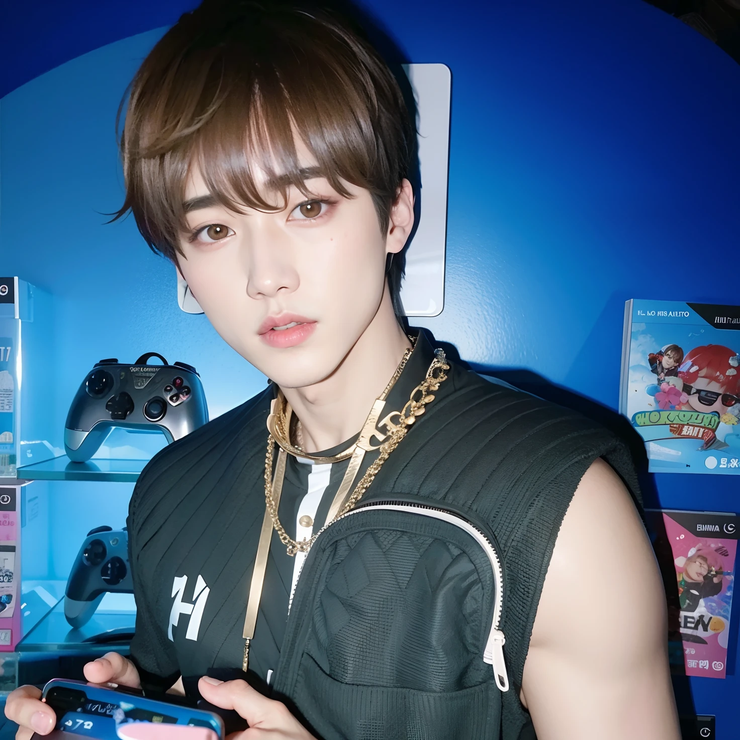 Hay un joven que sostiene un controlador de juego en la mano, Cai Xukun, Hyung Tae, Retrato de Jossi de Blackpink, Jimin, Jung Jaehyun, jungkook, Hong June Hyung, Taejune Kim, Jinyoung Shin, inspirado por Bian Shoumin, Jossi de Blackpink, Taehyung comiendo papas fritas Gucci, Parque Jimin, Steven Jung