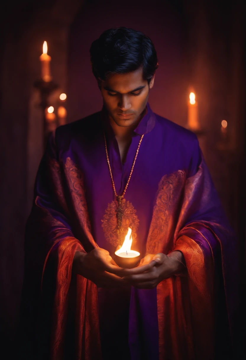 mago homem, Holding flames in purple color in your hands, Cross on neck