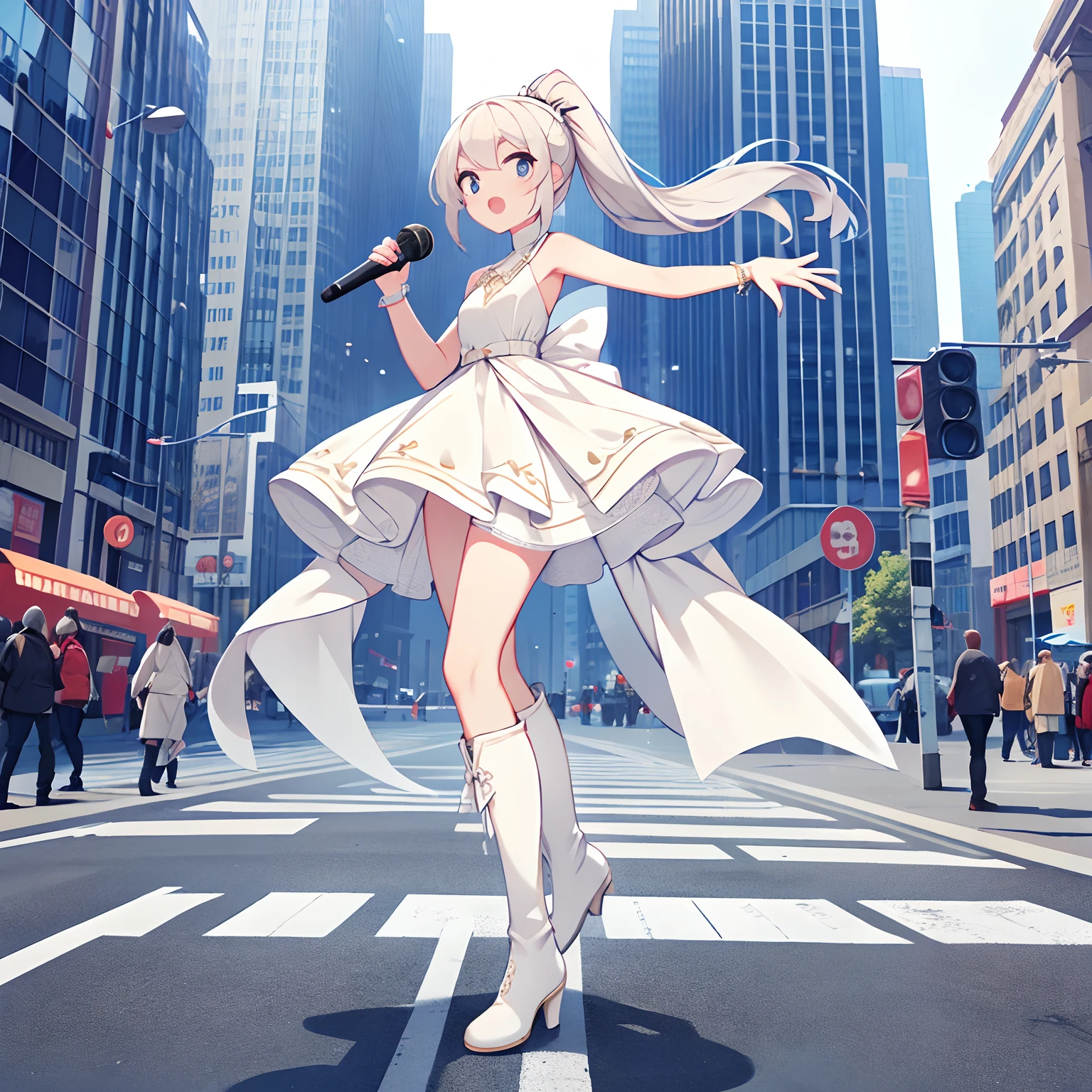 Tall figure, frontal photography, full body standing on the side of the street, full body with microphone in hand, singing high ponytail, wearing a slip pure white dress, long leg white boots