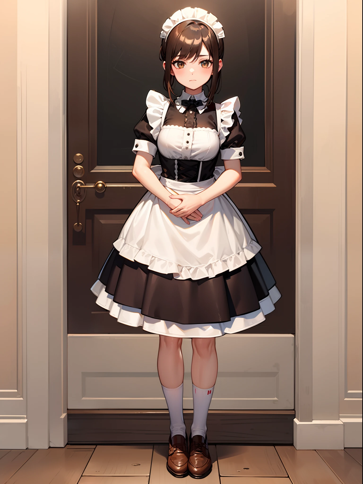 (masterpiece), best quality, perfect anatomy, nice hands, perfect hands, 1girl, solo, alternate costume, apron, (brown dress:1.1), (brown footwear:1.1), closed mouth, enmaided, long dress, (maid:1.3), maid apron, own hands together, short sleeves, short socks, standing, (victorian maid:1.2), (white apron:1.1), (white socks:1.1)