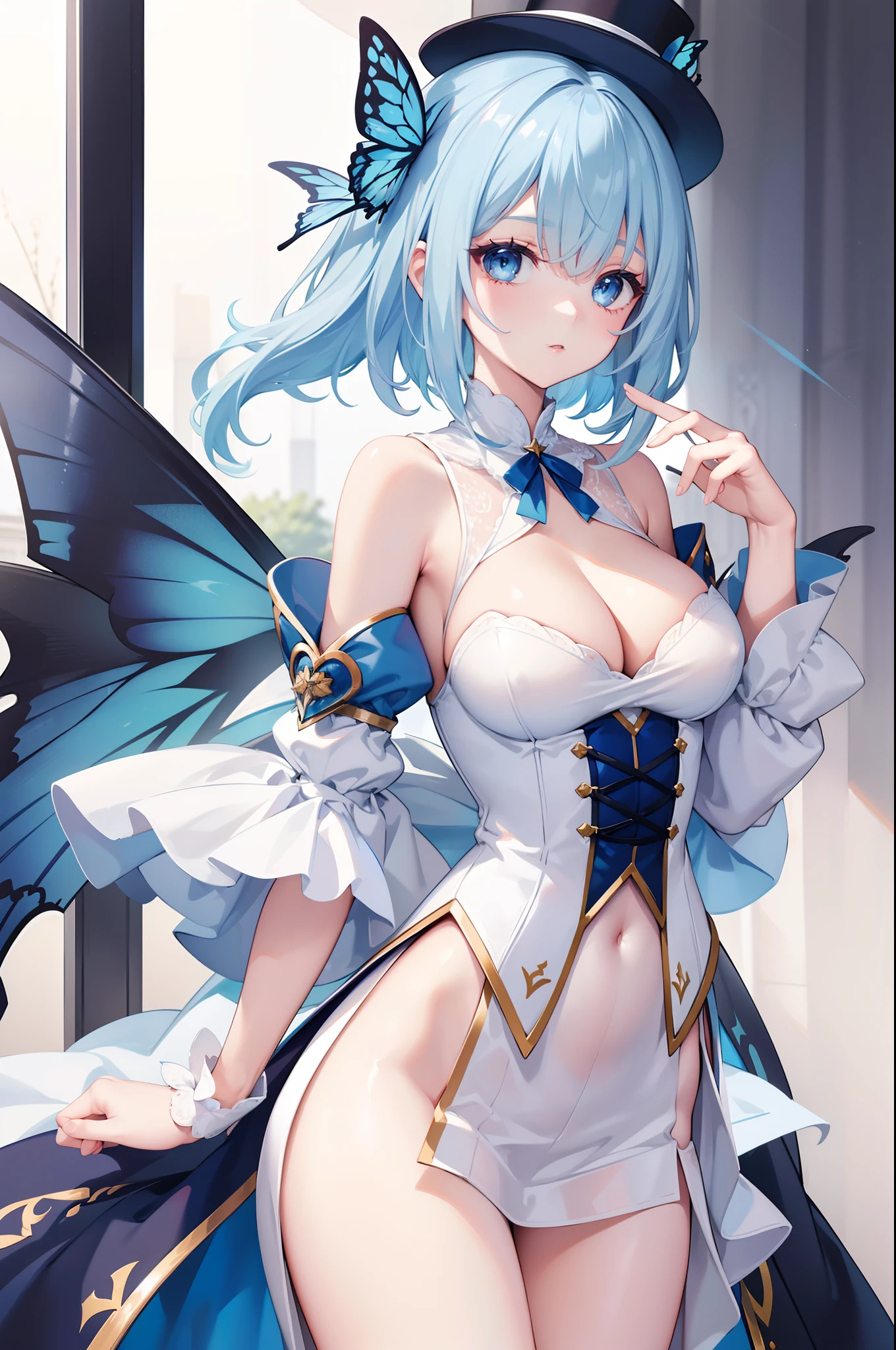 (Masterpiece, Slim Body, Delicate Fingers: 1.2), Best Quality, (Illustration: 1.2), (Hyper Detail), Eye Focus, Ultra Detail, (Fine Detail), (Intricate Detail), HDR, (Ultra Detail: 1.15), (Soft Light: 1.2), girls , White hair, blue highlights, (cyan left eyes: 1.3) , (blue right eyes: 1.3) , ager , nobility lady cloth, neat outfit, (costume with blue accents: 1.2), white shirt , (blue jacket: 1.3), (medium long white pant: 1.2) , medium short hair , solo , heterochromia , wearing hat , wearing gloves (white) , multicolored hair , ahoge ,black ascot , long sleeves shirt , blue top hat, butterfly ,frilled sleeves jacket , large chest,