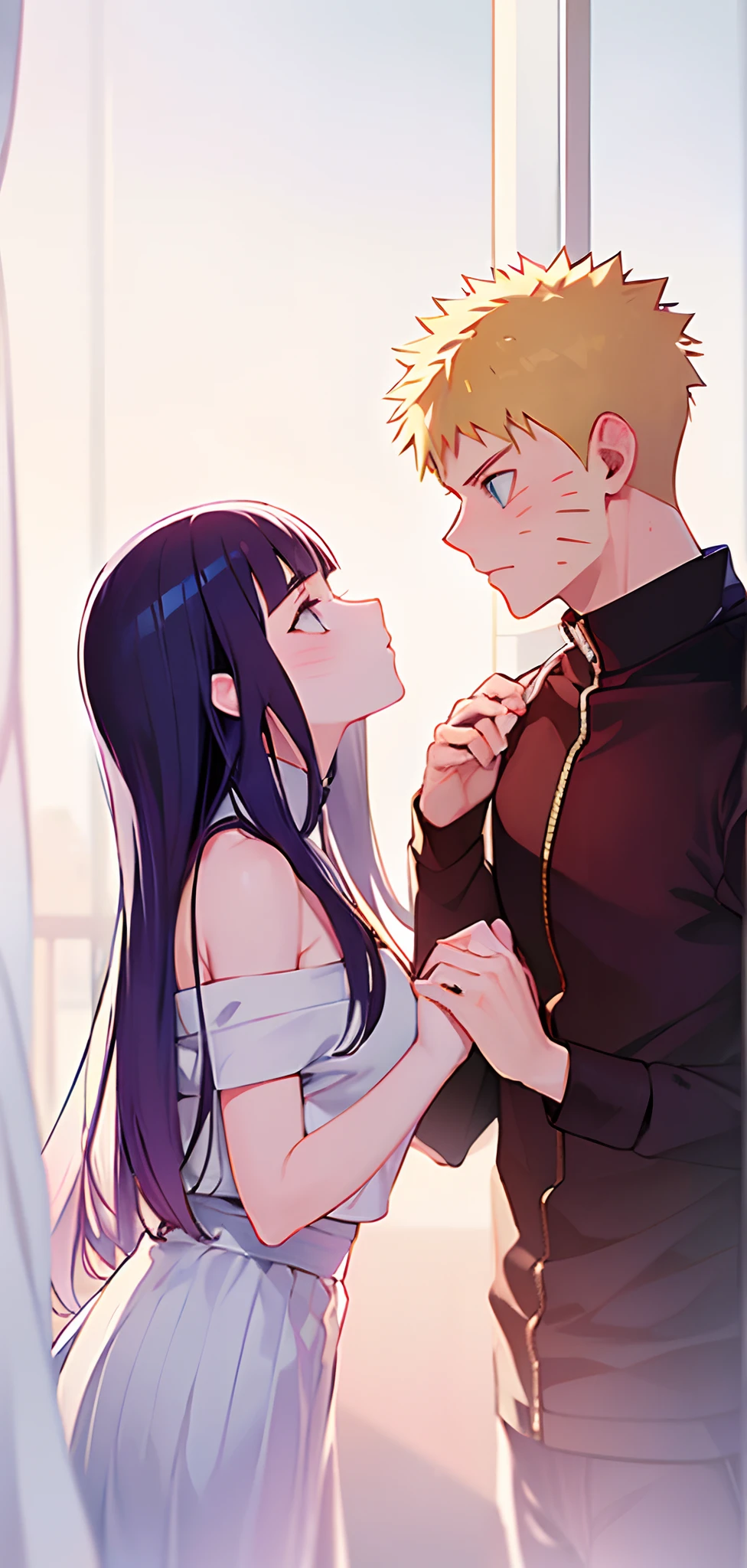 ((Best quality, 8K, Masterpiece: 1.3)), Clear focus: 1.2, 1girl, 1 boy, blunt bangs girl, dark blue haired girl, blonde man, blue eyes man, purple eyes girl, standing, couple, naruto and hinata, beautiful and handsome, naruhina, look at each other
