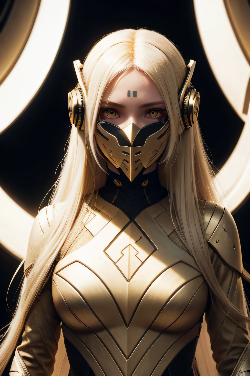 girl with long yellow hair, yellow eyes, futuristic vibes, mask on mouth, headphones, 8k, high quality, simple background, glowing eyes, nice pose