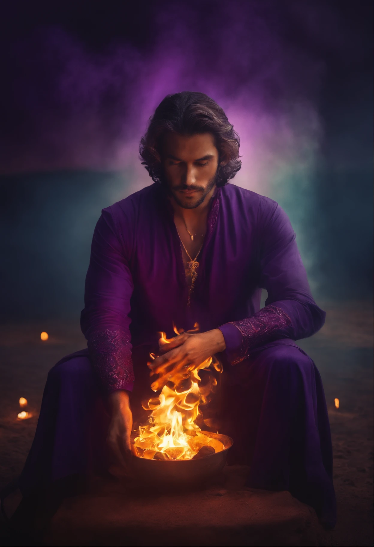 mago homem, Holding flames of violet color in your hands, Cross on neck