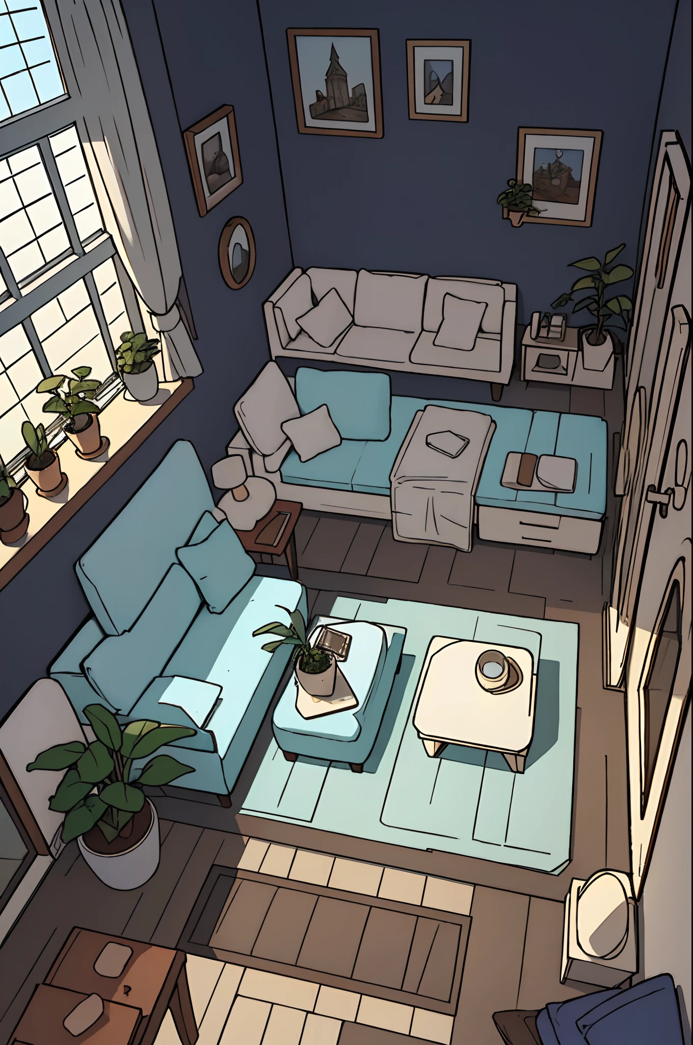 Incredibly detailed dollhouse, Acogedor dormitorio, Lindo renderizado 3D, Luces y sombras atractivas, Cojines blancos y amarillos, Arquitectura, Mueble, dentro, edificio, lounge, room, derriere, plantas, Home decoration, sofa, silla, interior design