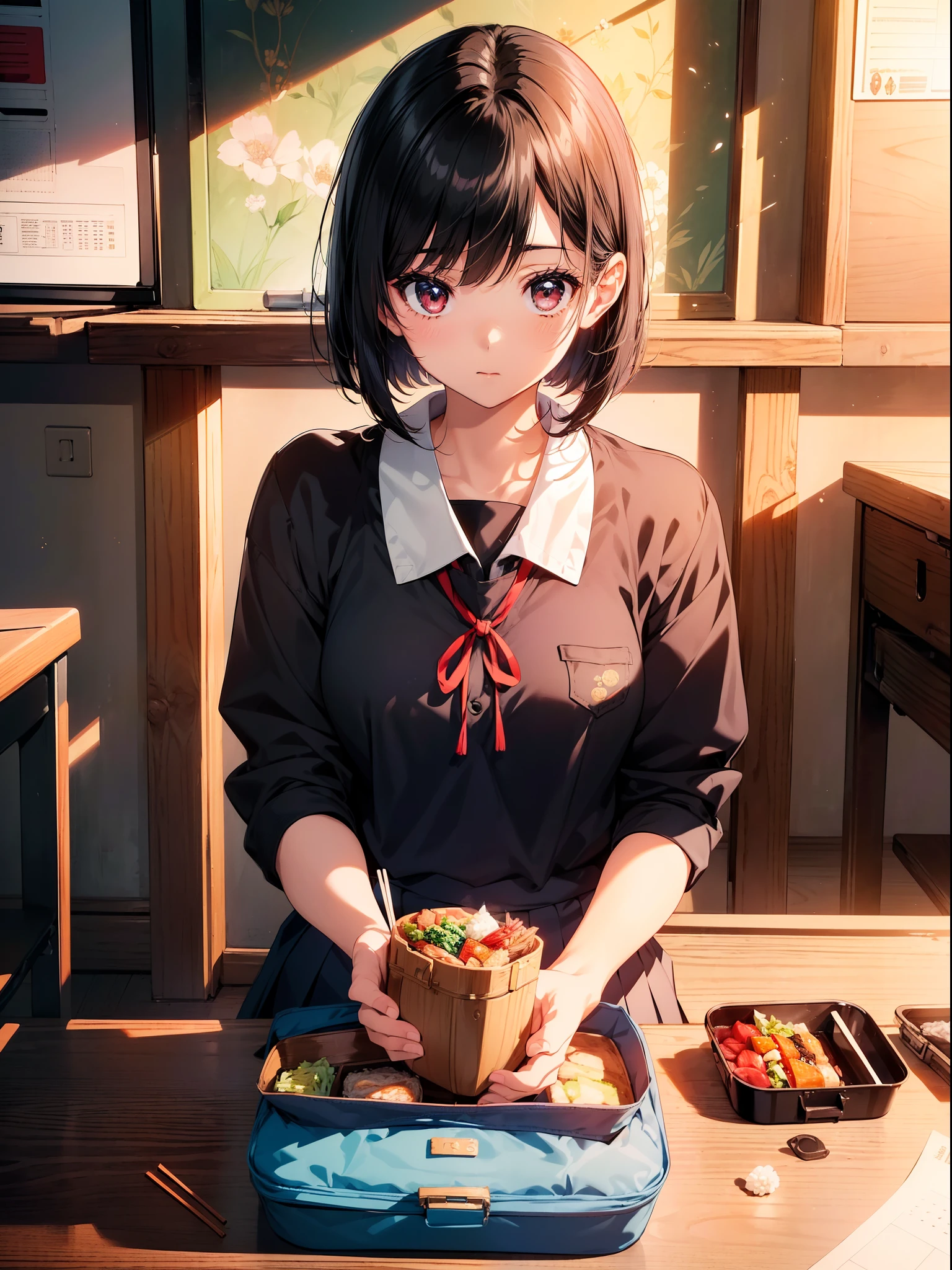 1 girl , sitting, ((holding lunchbox and chopstick)) , character focus, close to viewer,upper body, school uniform,bob,black hair ,background classroom ,high resolution,(incredibly absurdres), (hires.fix:1.3),anime visual,extremely detailed CG unity 8k wallpaper, ((masterpiece)), ((top-quality)), (beautiful illustration,background Tento), ((an extremely delicate and beautiful))