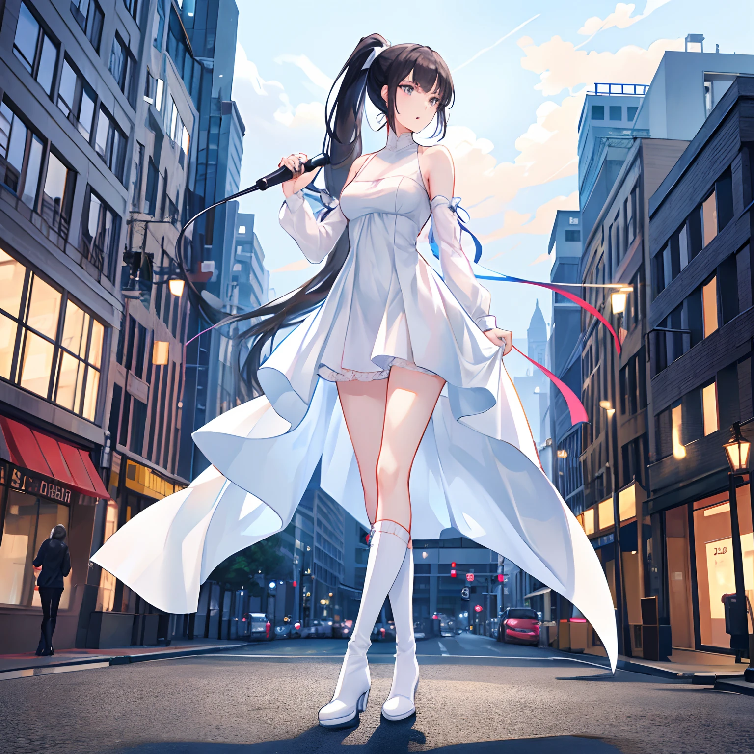 Tall figure, frontal photography, full body standing on the side of the street, full body with microphone in hand, singing high ponytail, wearing a slip pure white dress, long leg white boots