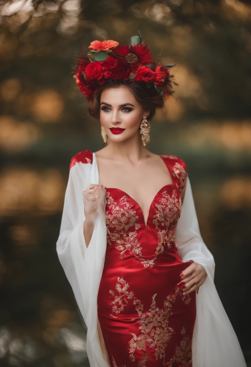 32K(tmasterpiece,k hd,hyper HD,32K)curlies,Flowing rouge,ponds,zydink, a color, Liaoning people (Silly girl), (Silk scarf), Combat posture, looking at the ground, Flowing rouge curls,Green emerald tiara, Chinese long-sleeved rose gold garment, (abstract ink splash:1.2), Pink lotus background,Water lily flower protector(realisticlying:1.4),Rouge hair,Autumn is in full swing,The background is pure, A high resolution, the detail, RAW photogr, Sharp Re, Nikon D850 Film Stock Photo by Jefferies Lee 4 Kodak Portra 400 Camera F1.6 shots, Rich colors, ultra-realistic vivid textures, Dramatic lighting, Unreal Engine Art Station Trend, cinestir 800,Large curls,Flowing rouge