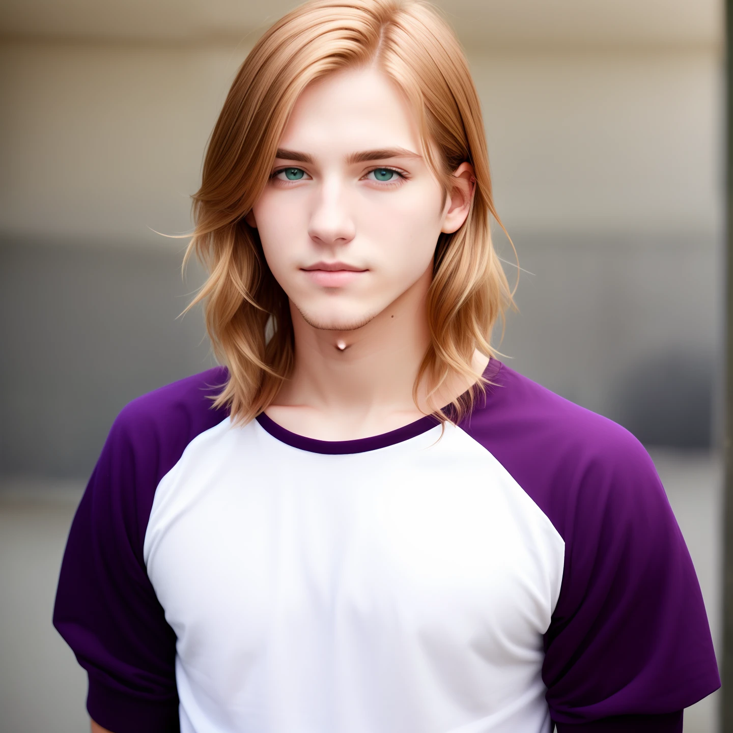 Male, twink, lavender eyes, strawberry blonde shoulder length hair, Android
