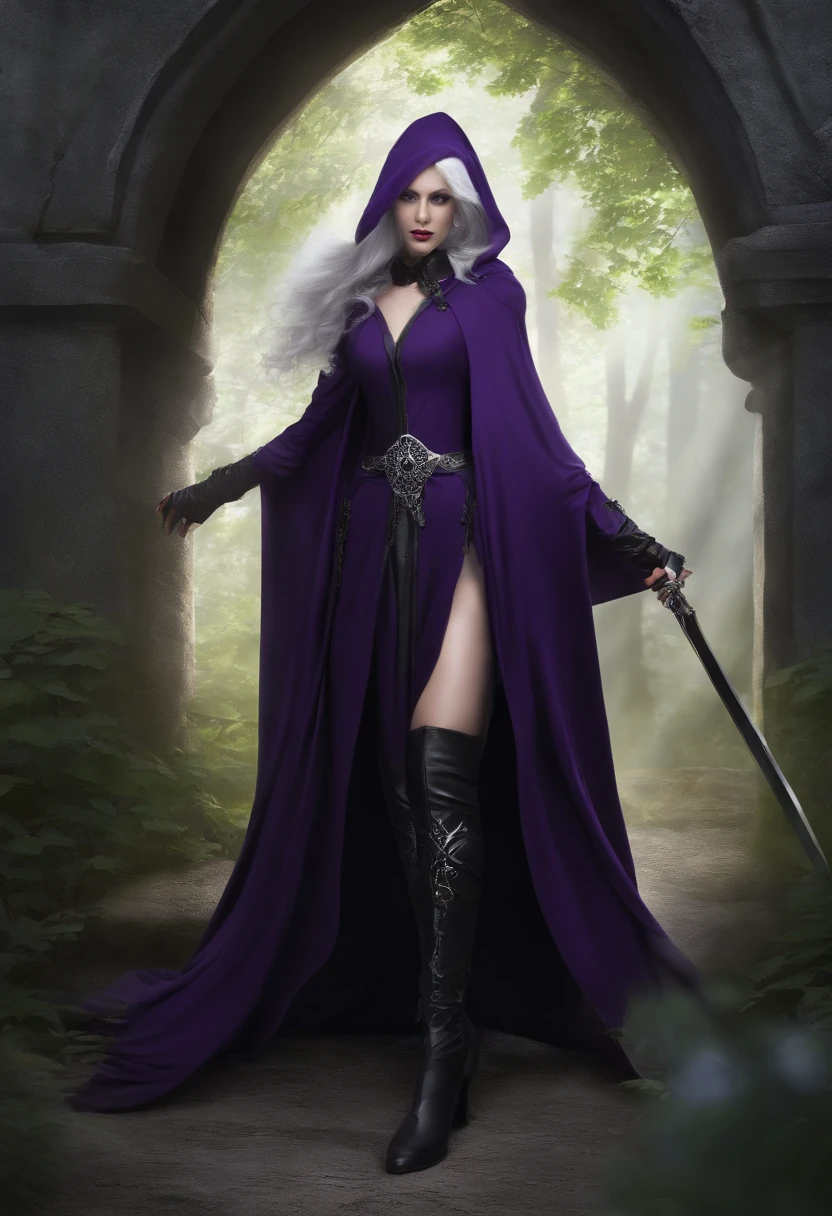 This is a girl with white hair，Dressed in a dark purple Assassin costume，Fair and slender legs，Anterior convex and posterior，and charming，The cloak is dashing and proud，Overbearing，pretty，Frontal view，Walk through dark villages，Quaint and eerie，One spell after another floats,girl in a cloak of black, her silver purple hair  hair,eyes glazed over with  black aura within them, ears,with a expression of hate on her, wearing Gothic top and skirt , not human,age 12  years old, she despises others, holding a black sword with jewels of diamond purple on it, devil wings on the tilt of the sword in her right hand