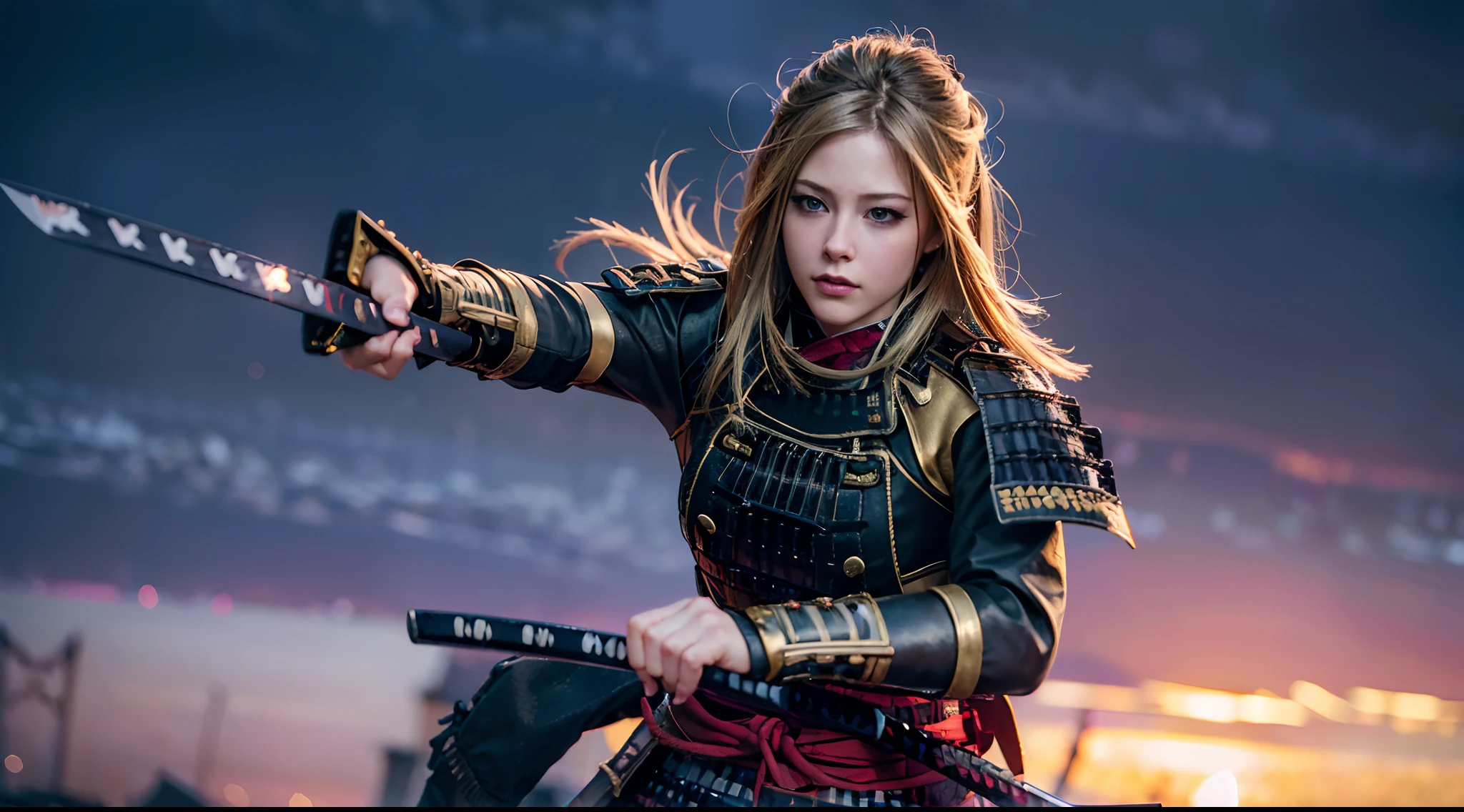 hyper realistic, (1 girl), brunette ((Avril Lavigne)) is a samurai training alone with her katana in an open dojo, black and golden samurai armor, female, musclebound, enormous ripped muscles, cute young face, big j-cup breasts, (big round thick glutes), tiny waist, 8pack abs, show calves, perfect body, wide shot, 35mm film, 1 girl, solo, looking at viewer, close-up, cinematic still shot of 1 girl, warrior , 35mm film, (film grain), film noise, cyberpunk dark sci-fi, fog, haze, smoke, volumetric, dramatic lighting, lens flare, kodak vision 3, (((Avril Lavigne as samurai, Samurai X))), wearing Hanfu, gray Hanfu, beautiful detailed eyes, finely detail, bright pupils, eyeshadow, eyeliner, (((floating hair))), (((dynamic pose, dynamic angle, fighting stance, fighting pose))), (((Holding a katana sword, martial arts))), (golden Hanfu | red Hanfu | blue Hanfu), (((full-body:1.2))), ((gorgeous colorful clothing)),((gorgeous colorful Hanfu)),((royal textured Hanfu)), ancient China, ancient chinese architecture, battlefield, outdoors, cinematic lighting, Martial Arts world, sfw:1.98,