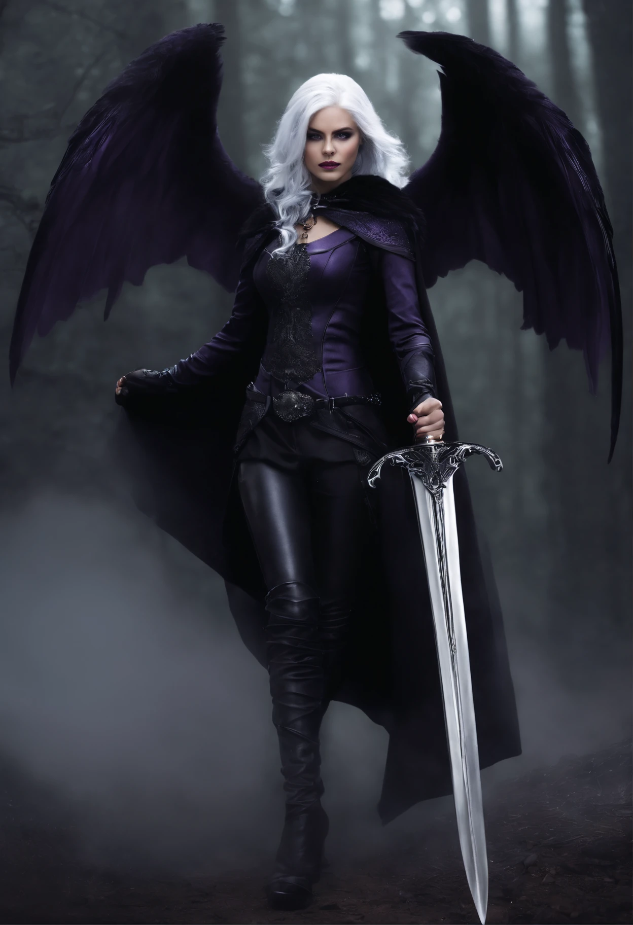 This is a girl with white hair，Dressed in a dark purple Assassin costume，Fair and slender legs，Anterior convex and posterior，and charming，The cloak is dashing and proud，Overbearing，pretty，Frontal view，Walk through dark villages，Quaint and eerie，One spell after another floats,girl in a cloak of black, her silver purple hair  hair,eyes glazed over with  black aura within them, ears,with a expression of hate on her, wearing Gothic top and skirt , not human,age 12  years old, she despises others, holding a black sword with jewels of diamond purple on it, devil wings on the tilt of the sword in her right hand