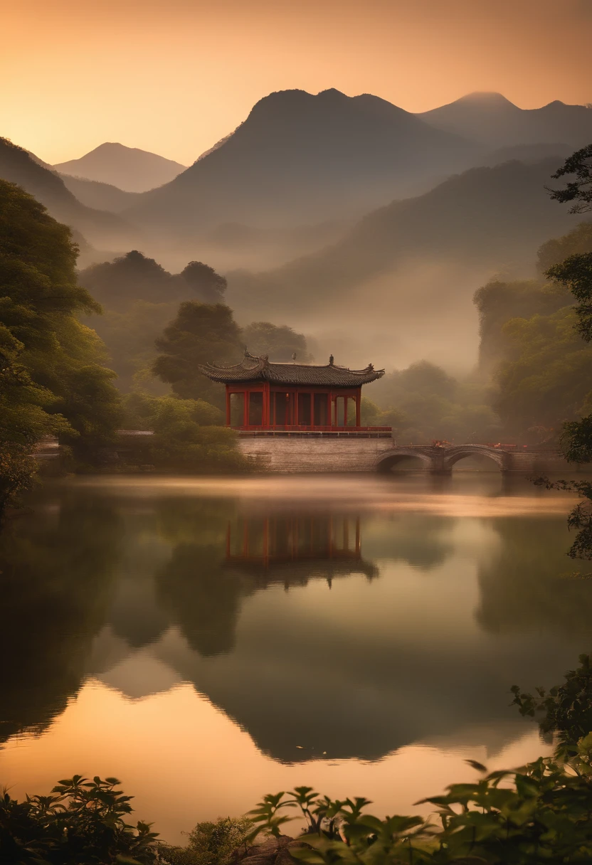 Generate a visually stunning resolution masterpiece image of an "ancient yet contemporary Chinese structure" stands majestically amidst the ethereal mist, surrounded by towering mountain peaks. The sunrise casts a warm, golden glow on the landscape, while the tranquil lake below perfectly mirrors the architectural beauty. The environment exudes a sense of serenity and timeless grandeur. The style is photorealistic, capturing every minute detail. Camera: Canon EOS 5D Mark IV. Lens: Canon EF 24-70mm f/2.8L II USM.